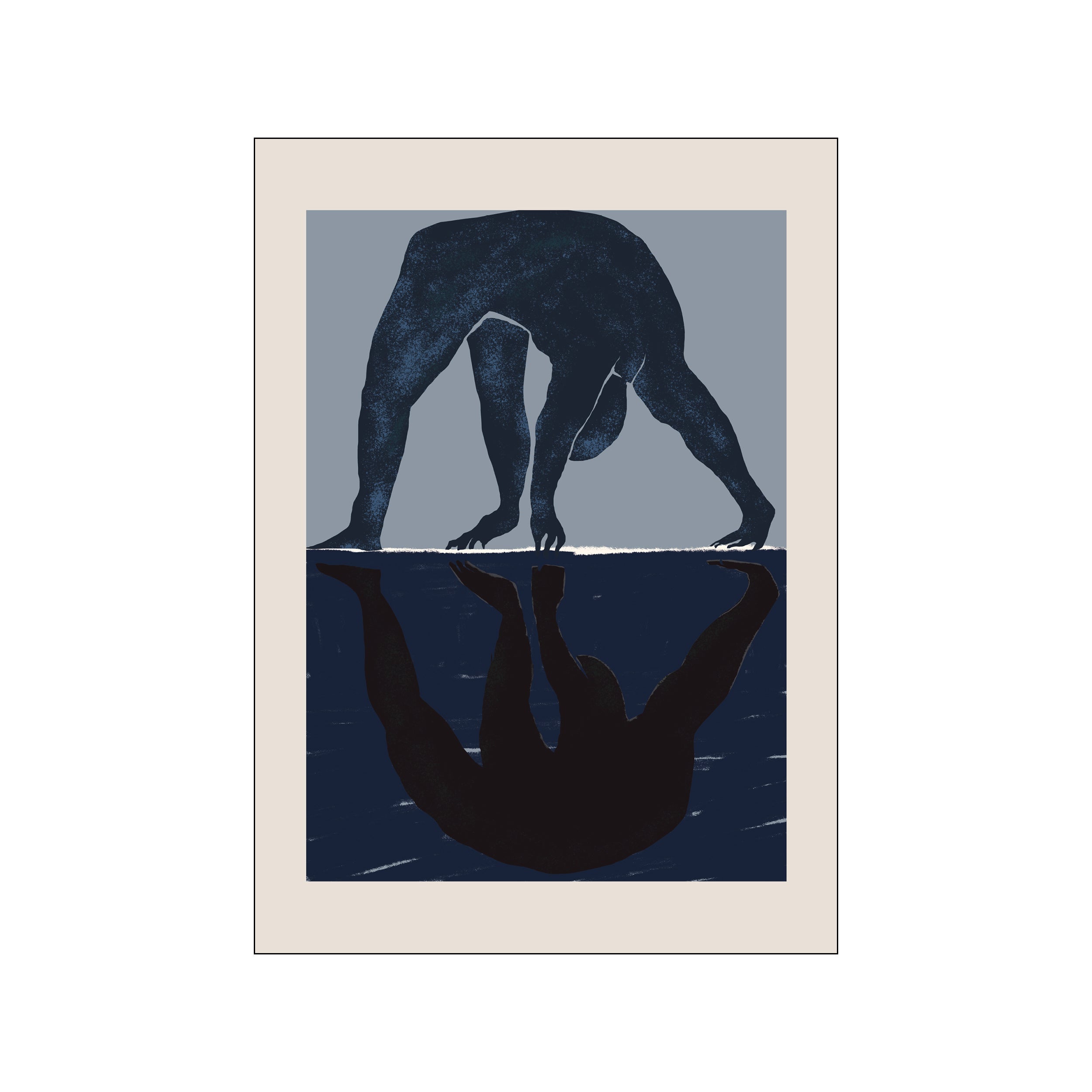 A silhouette of a person bending over is reflected upside down in dark blue water, contrasted against a soft grey and neutral background, creating a contemplative mood.