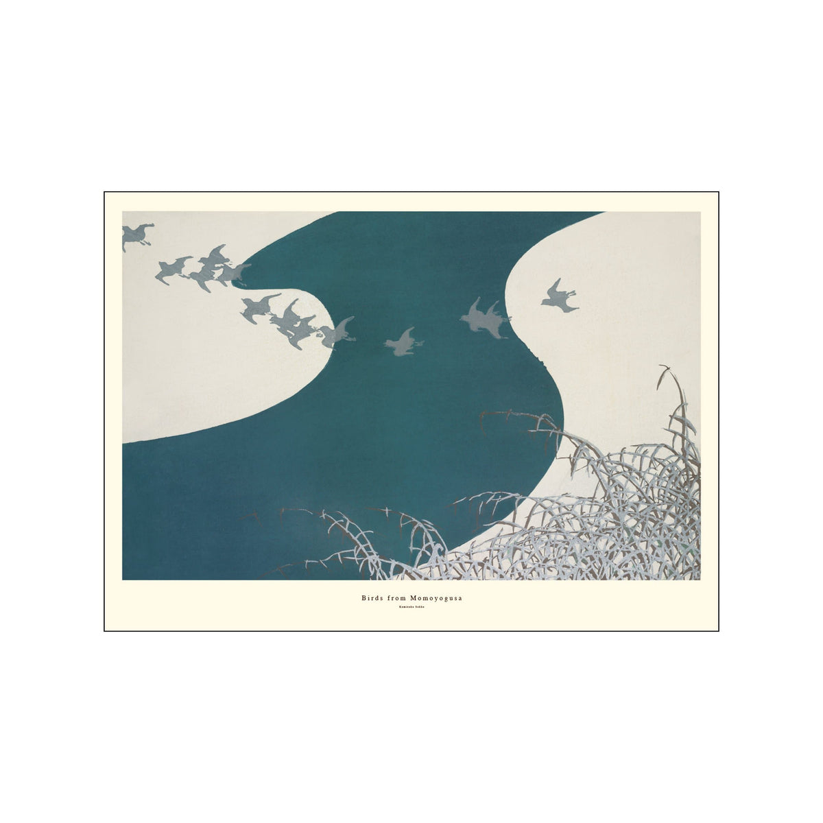 Abstract print with teal landscape shape, pale cream fields, and a flock of gray birds