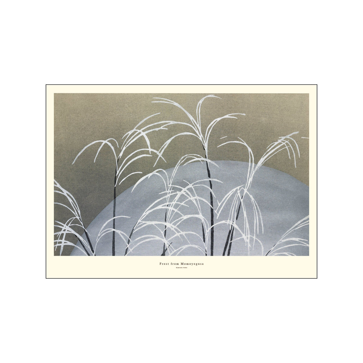 Muted botanical landscape print with white arching stems over gray and cream forms