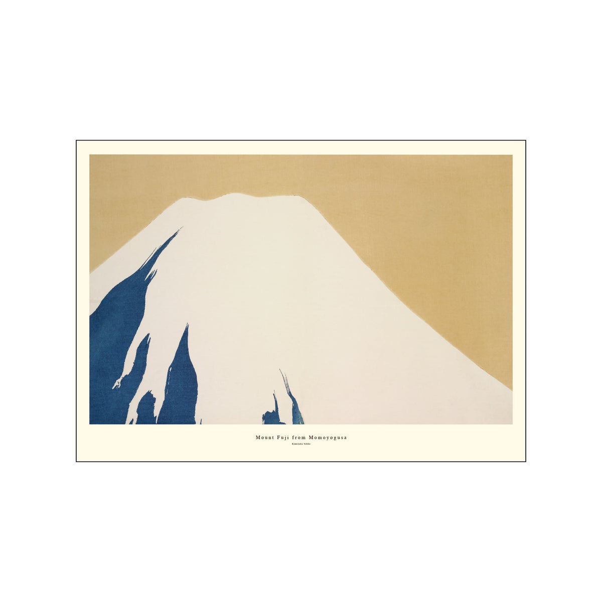 Minimal Mount Fuji landscape with gold sky, white peak, and deep blue foreground forms