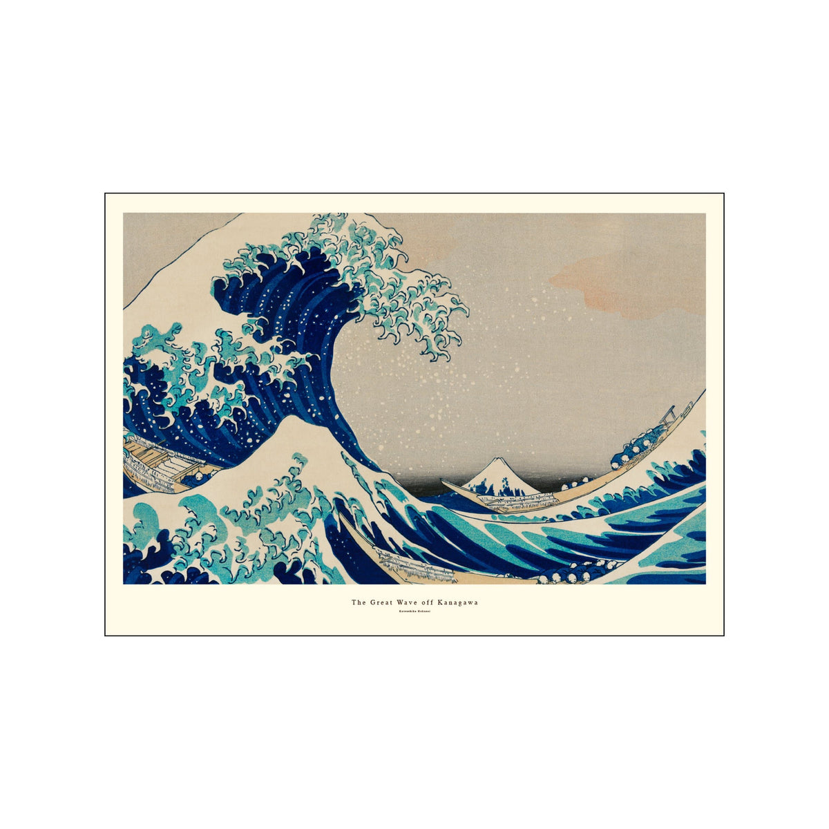 Framed print of a blue Japanese wave with Mount Fuji and pale sky in landscape format