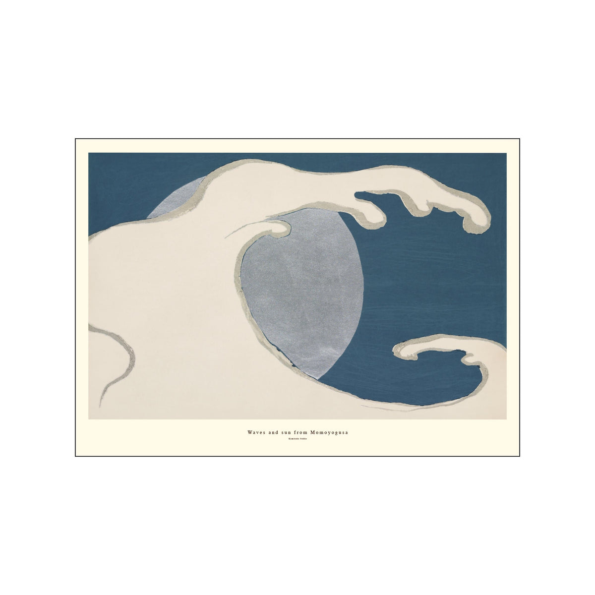 Stylized wave and pale sun over a deep blue background with ivory and silver forms