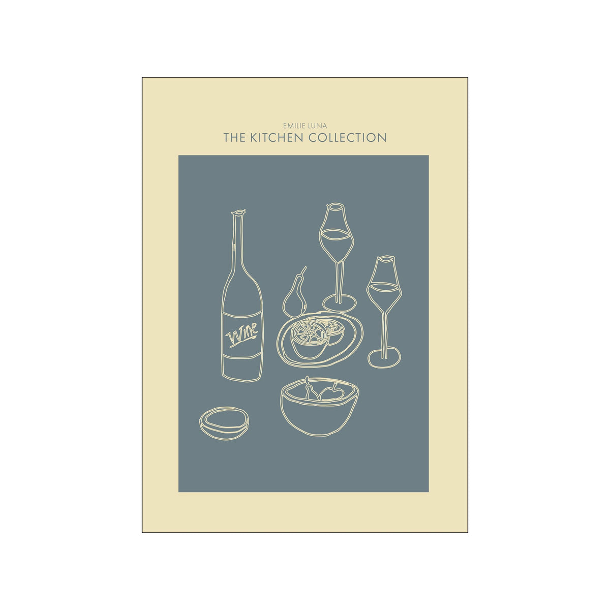Minimalist kitchen still life with wine bottle, glasses, fruit, and bowls on blue