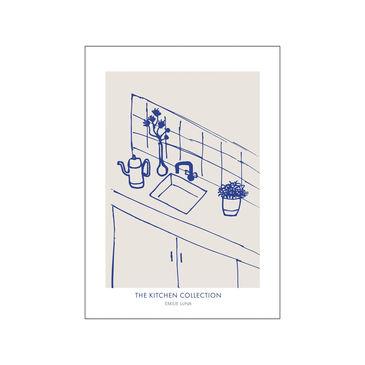 Blue line drawing of a kitchen sink, kettle, vase, and potted plant on beige