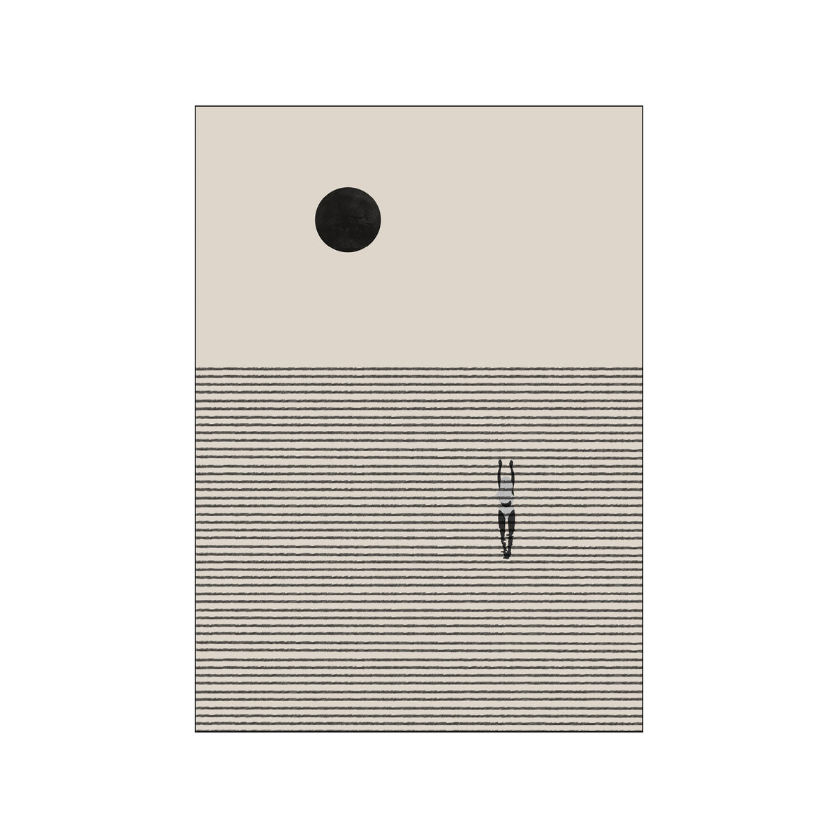 Minimal black and grey poster with sun, water lines, and a lone swimmer