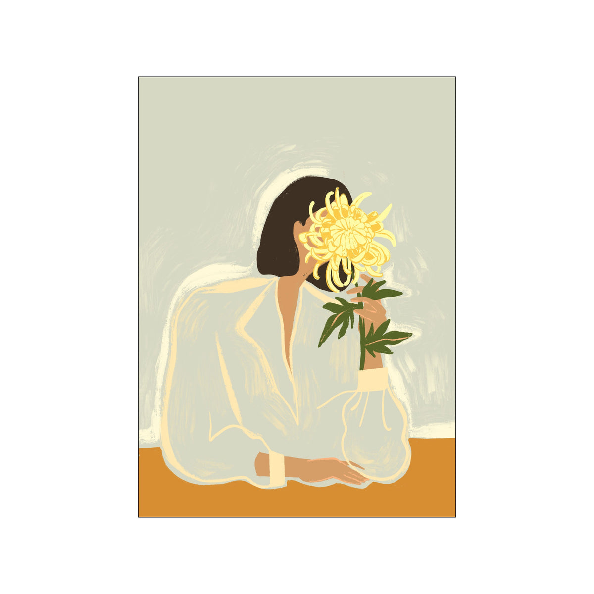 Stylized seated woman holding a golden chrysanthemum on a muted sage background