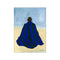 A painting of a figure from behind, wrapped in a blue and dark green striped blanket, sitting on a pale ground against a soft blue sky, evoking peace and contemplation.