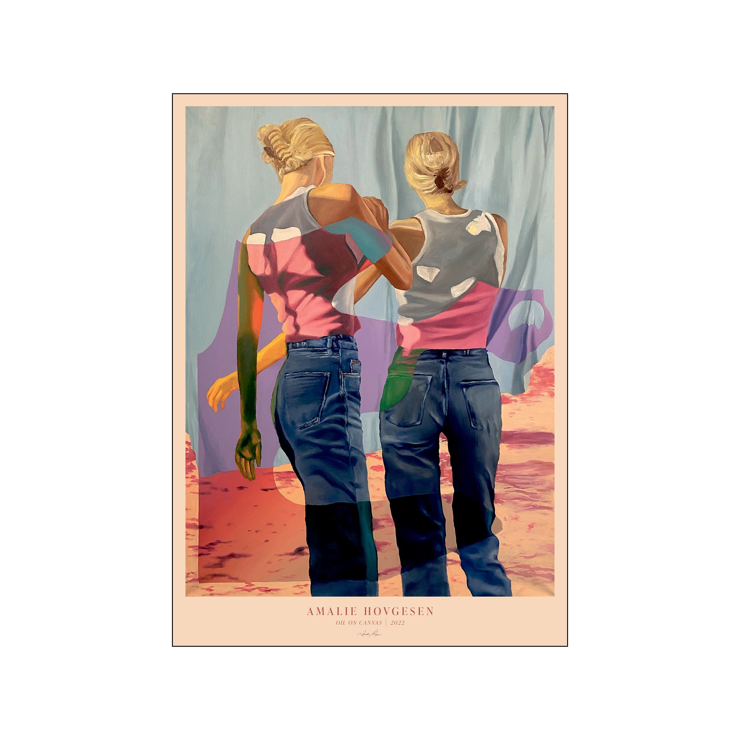 Colorful figurative painting of two women seen from behind in jeans and sleeveless tops