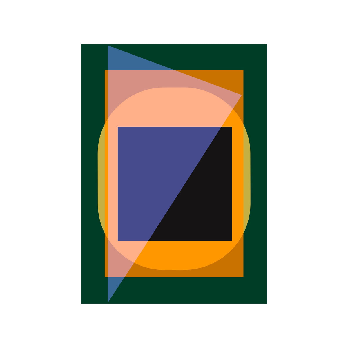 Abstract geometric print with overlapping green, orange, violet, and black shapes