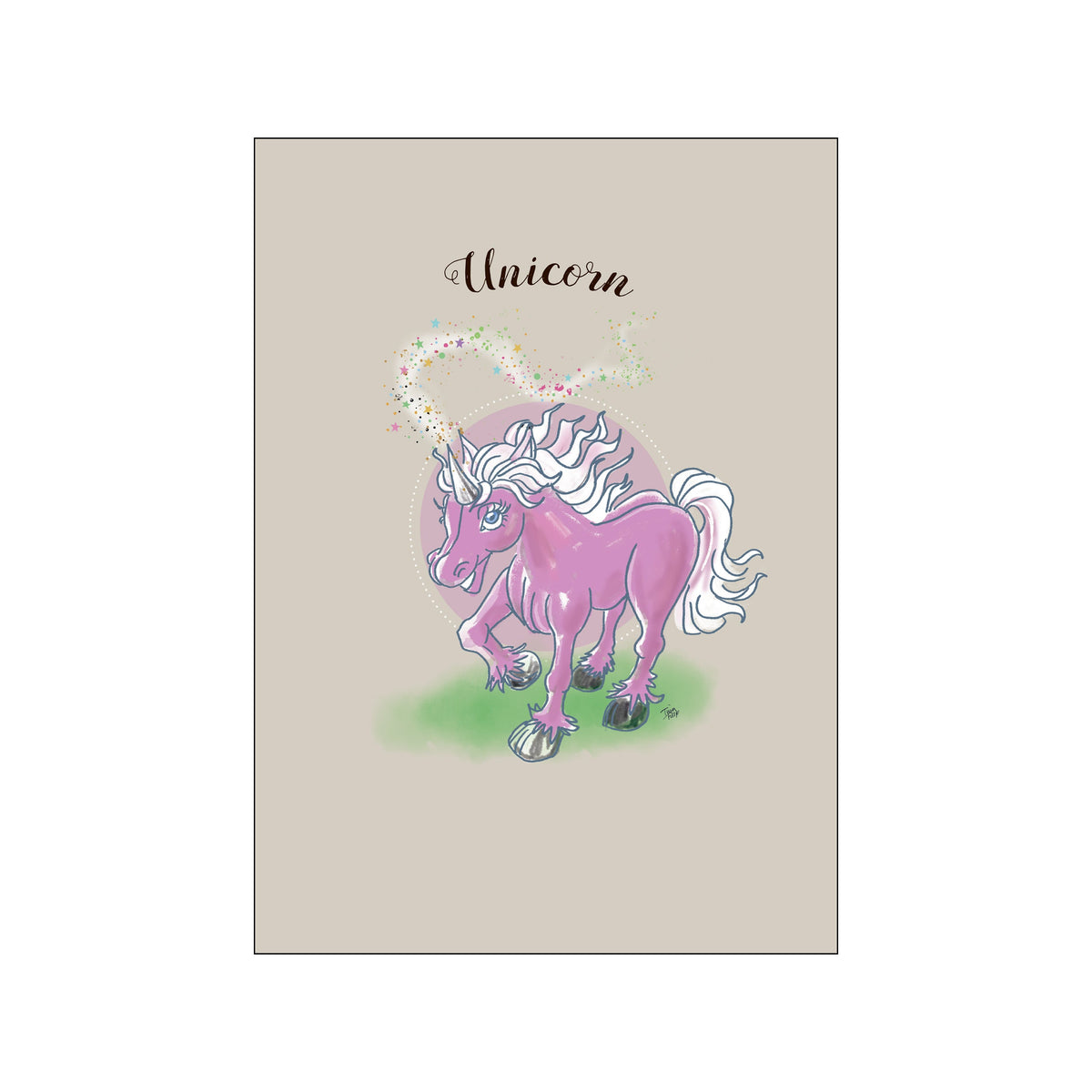 A whimsical illustration of a rosy pink unicorn with a flowing white mane and tail, prancing on green grass. A trail of colorful stardust sparkles behind its horn, set against a neutral taupe background.