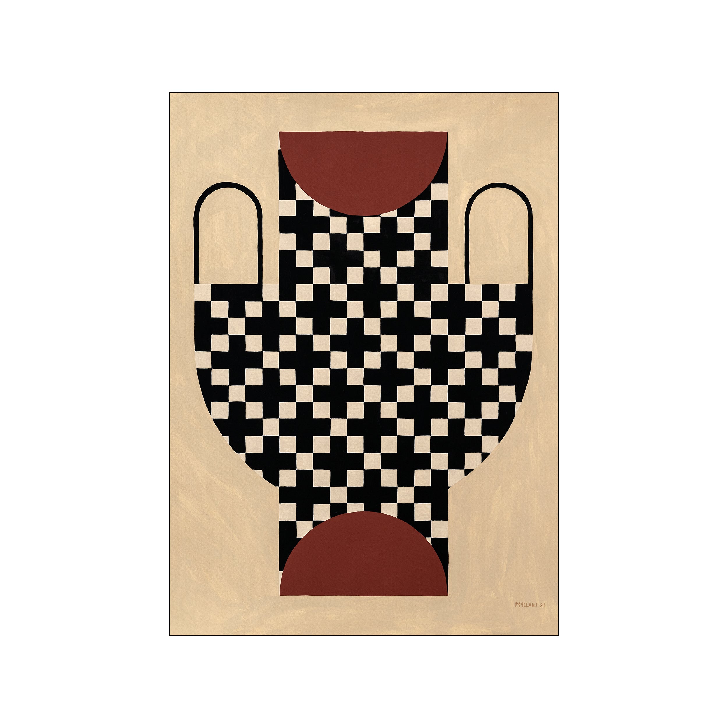 Abstract artwork depicting a vase with a black and white checkered cross pattern. Features terracotta half-circles and a soft, neutral background, conveying a modern bohemian vibe.