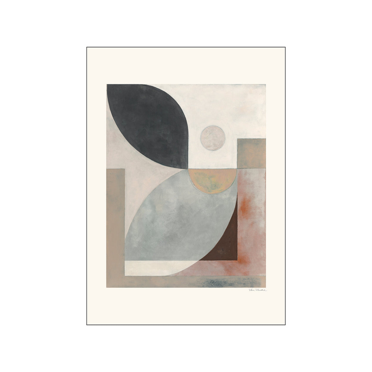 Abstract geometric print with charcoal curves, pale blue shapes, and muted blush blocks