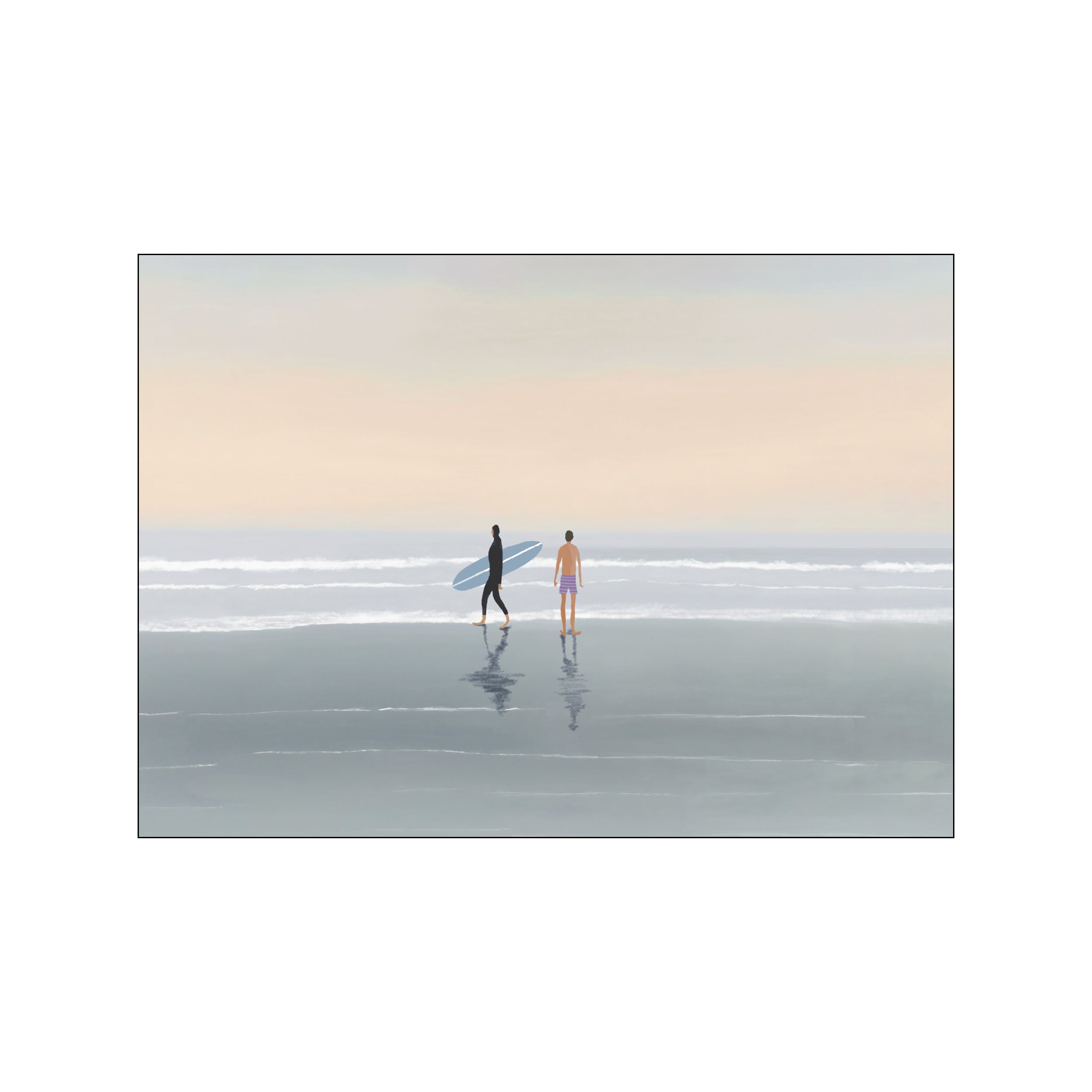 Two figures stand on a serene, wet beach, one carrying a surfboard, as gentle waves recede under a soft peach and blue sky. Reflective water adds to the calm, coastal atmosphere.