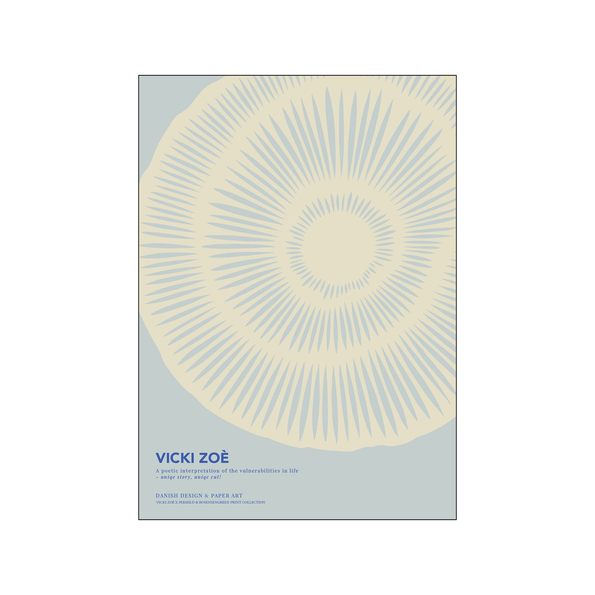 Light blue and cream abstract radial paper cut print with Vicki Zoé text at the bottom