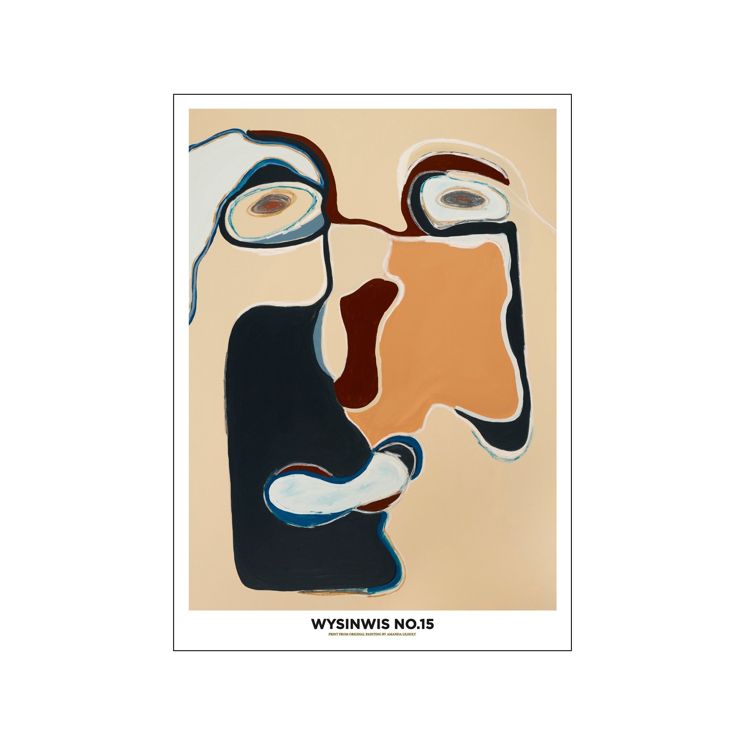 An abstract portrait with a serene expression, rendered in a palette of warm beige, terracotta, deep navy, and cream, with bold, flowing outlines suggesting a face.
