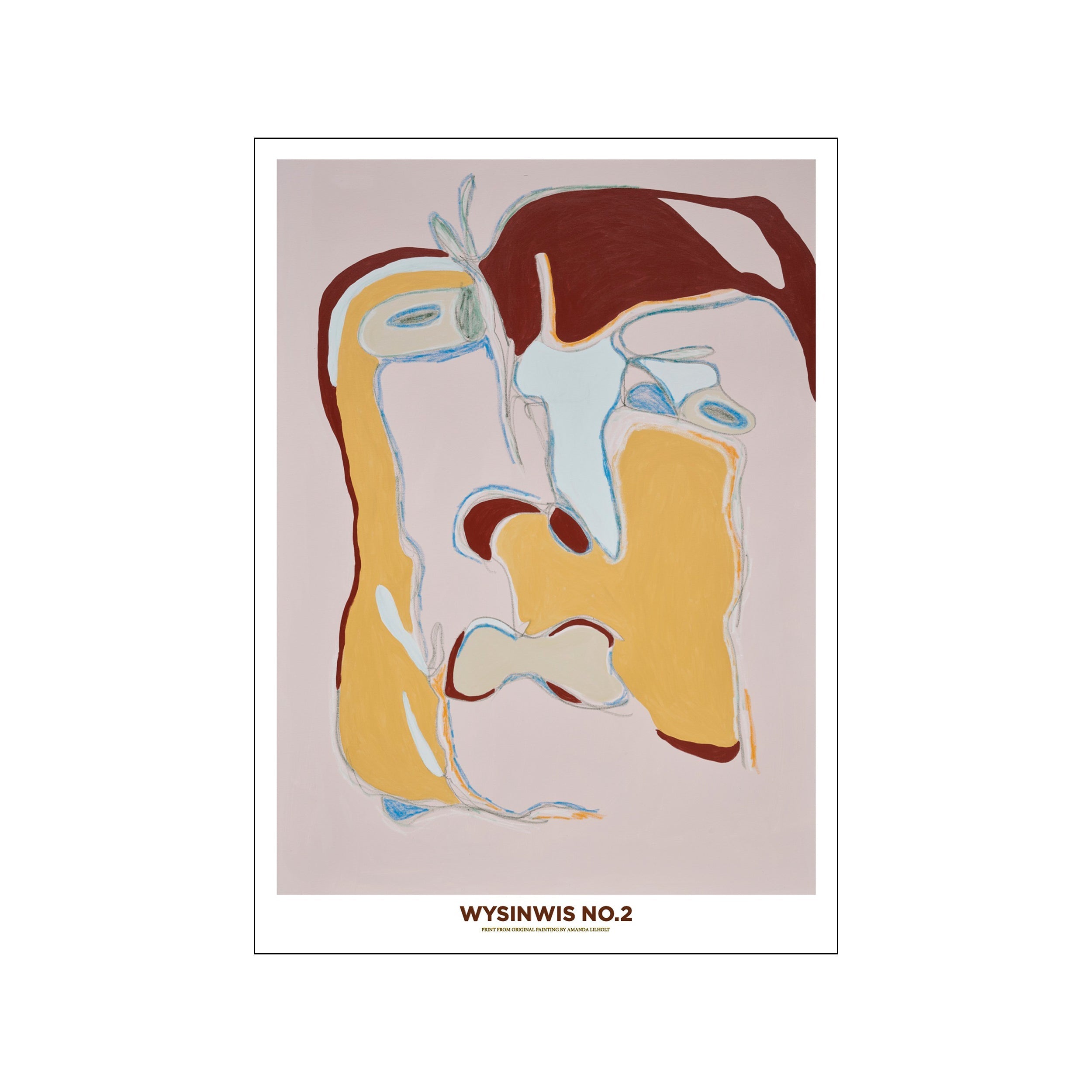 Abstract artwork featuring overlapping shapes in ochre, rust, and light blue on a pale pink background, suggesting a contemplative, serene facial form.