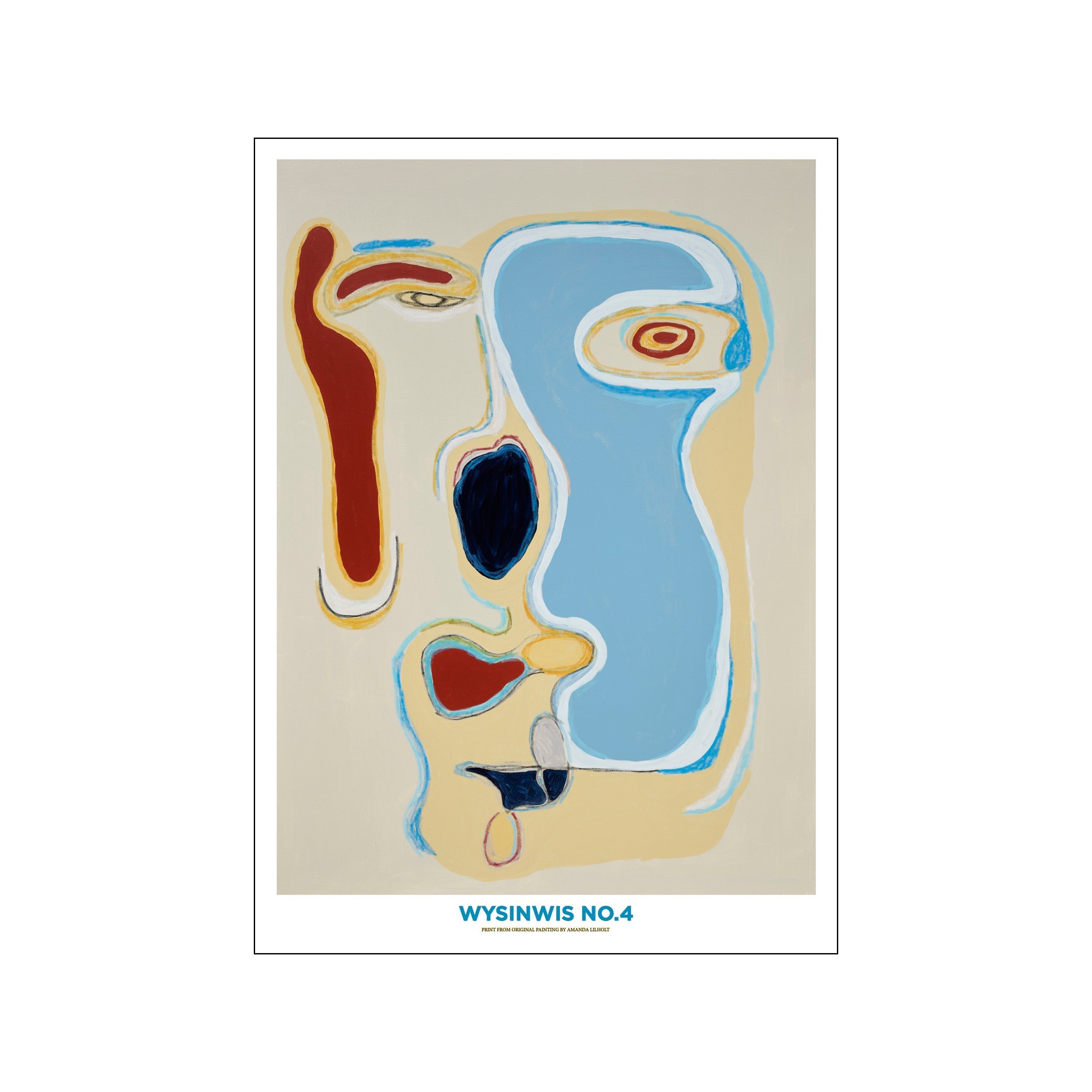 An abstract figurative composition featuring a face-like form outlined in bold colors like red, yellow, and blue against a pale background. It has a serene yet curious vibe.