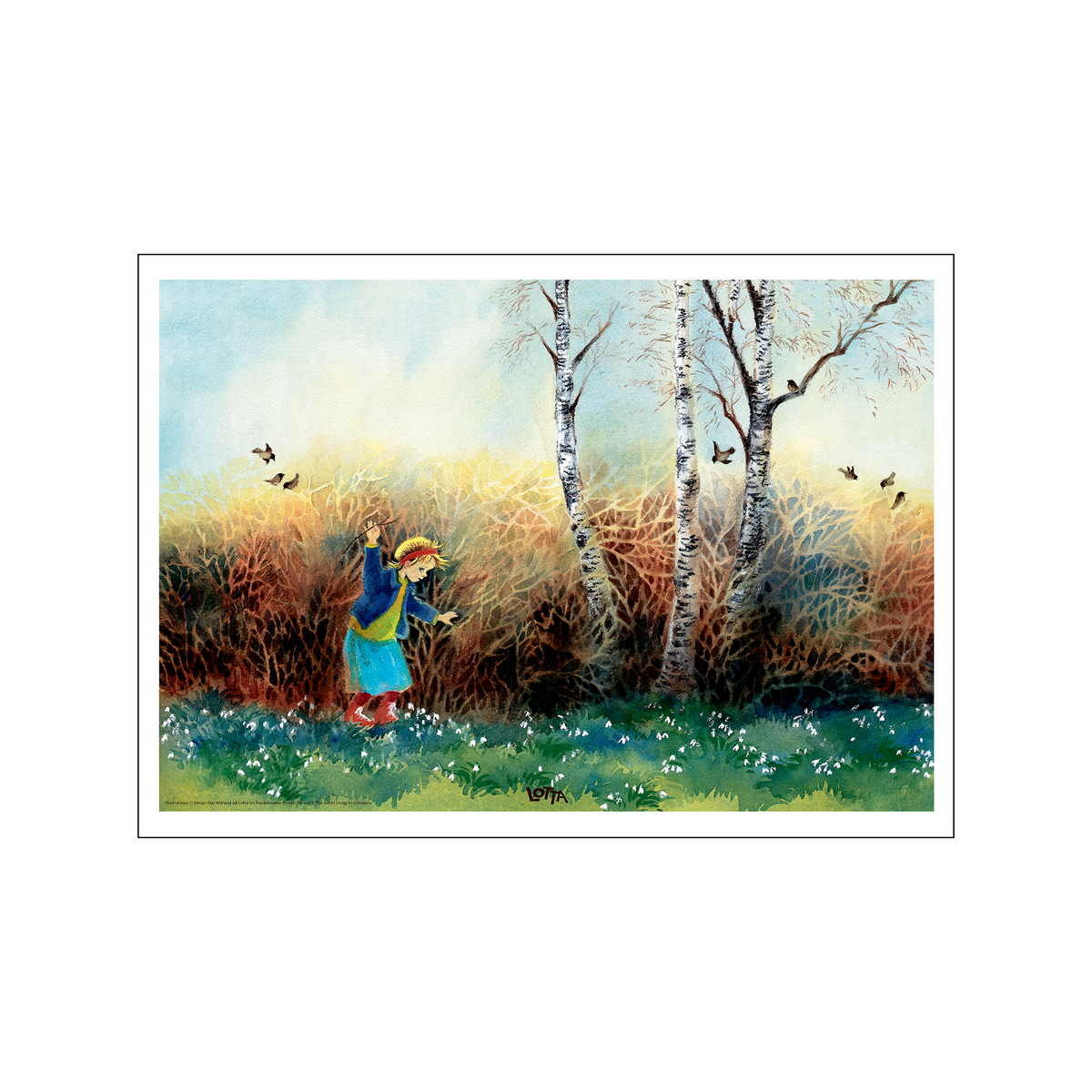 Lotta in a blue and yellow outfit walking through birch trees and autumn brush