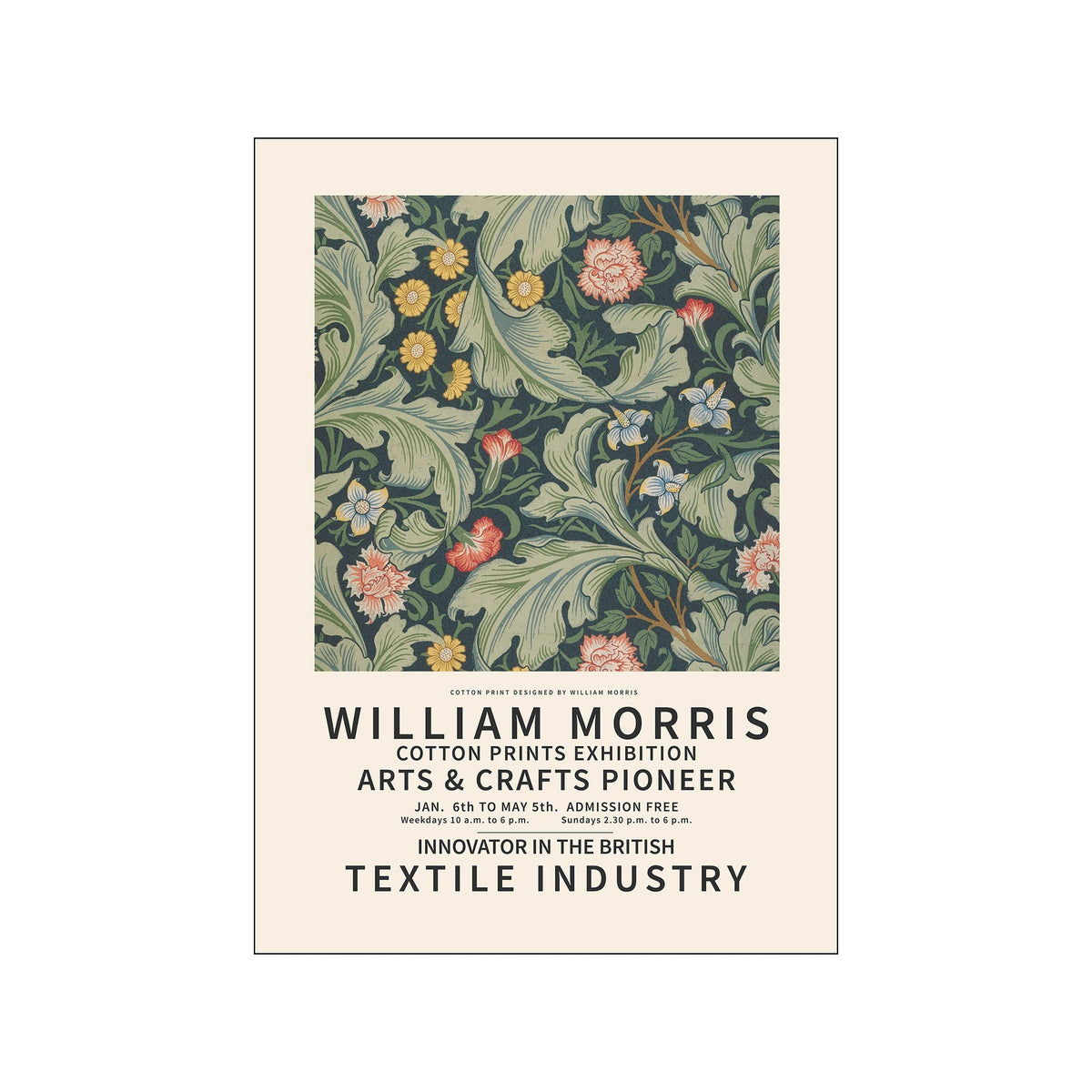 William Morris exhibition poster with green floral textile pattern and bold black typography