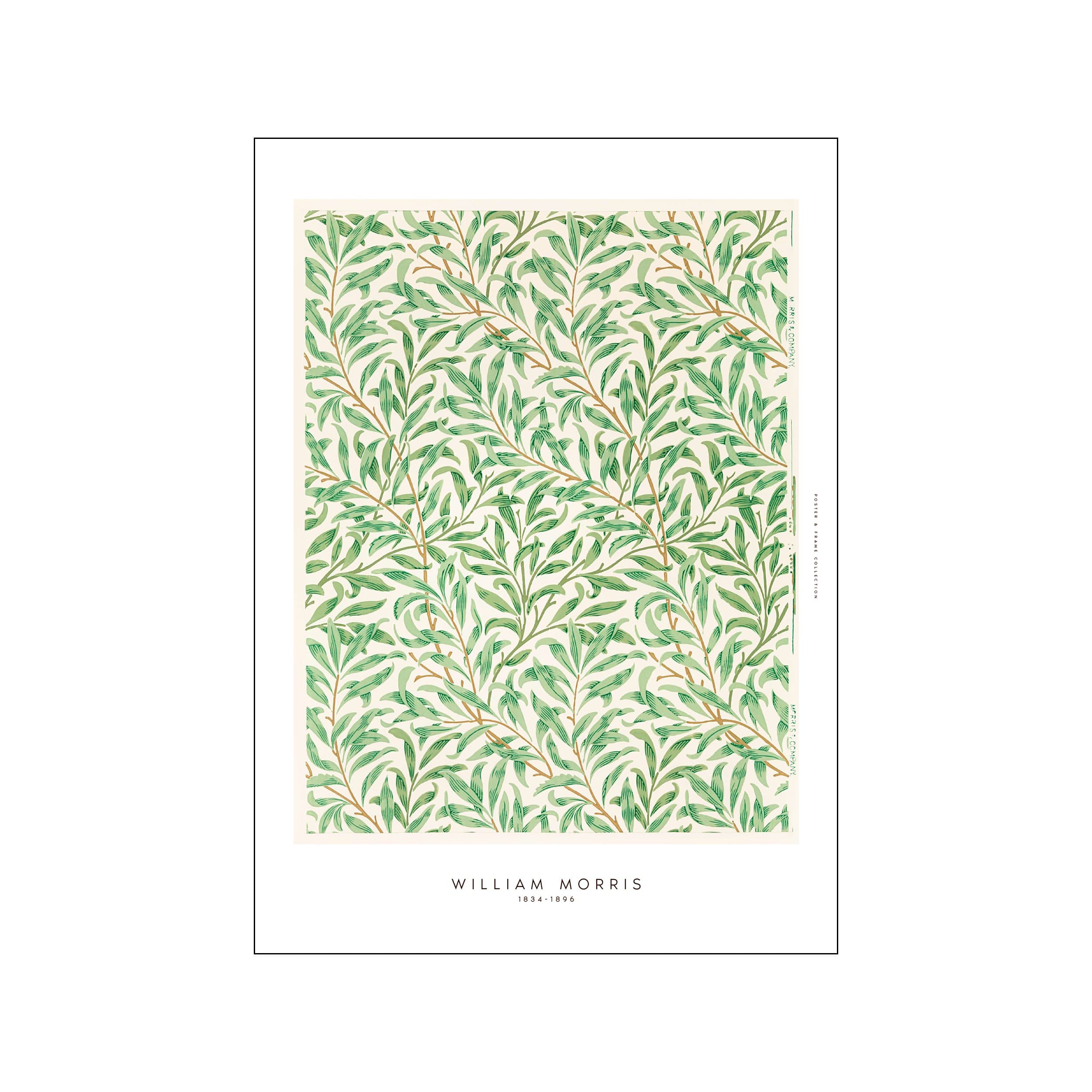 William Morris leaf pattern in layered green tones with warm tan stems on a light background