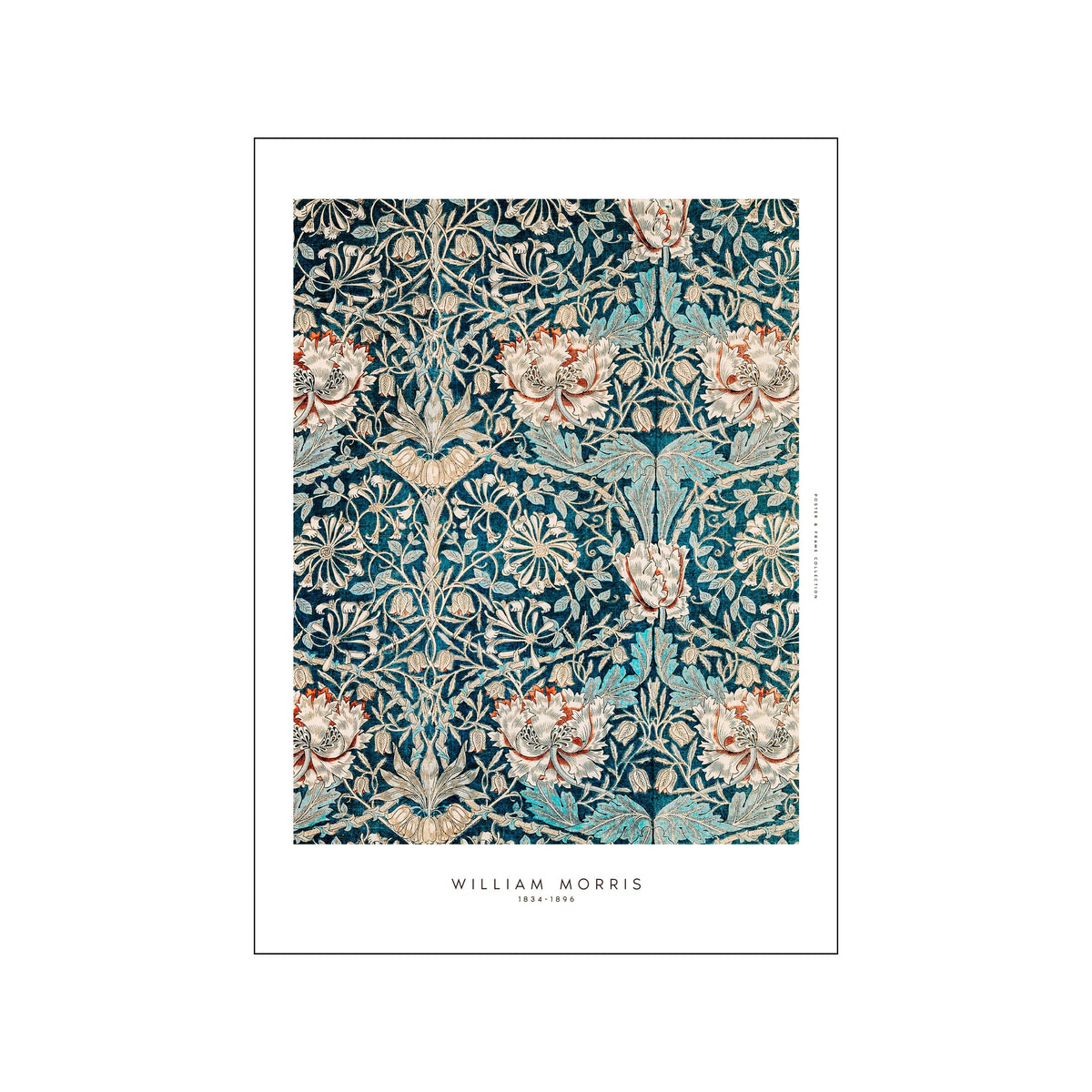William Morris floral pattern print with blue ground, cream blossoms, and coral accents