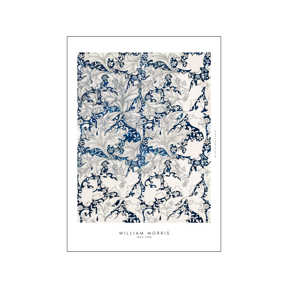 William Morris botanical pattern print with blue foliage and ivory leaves on a white border