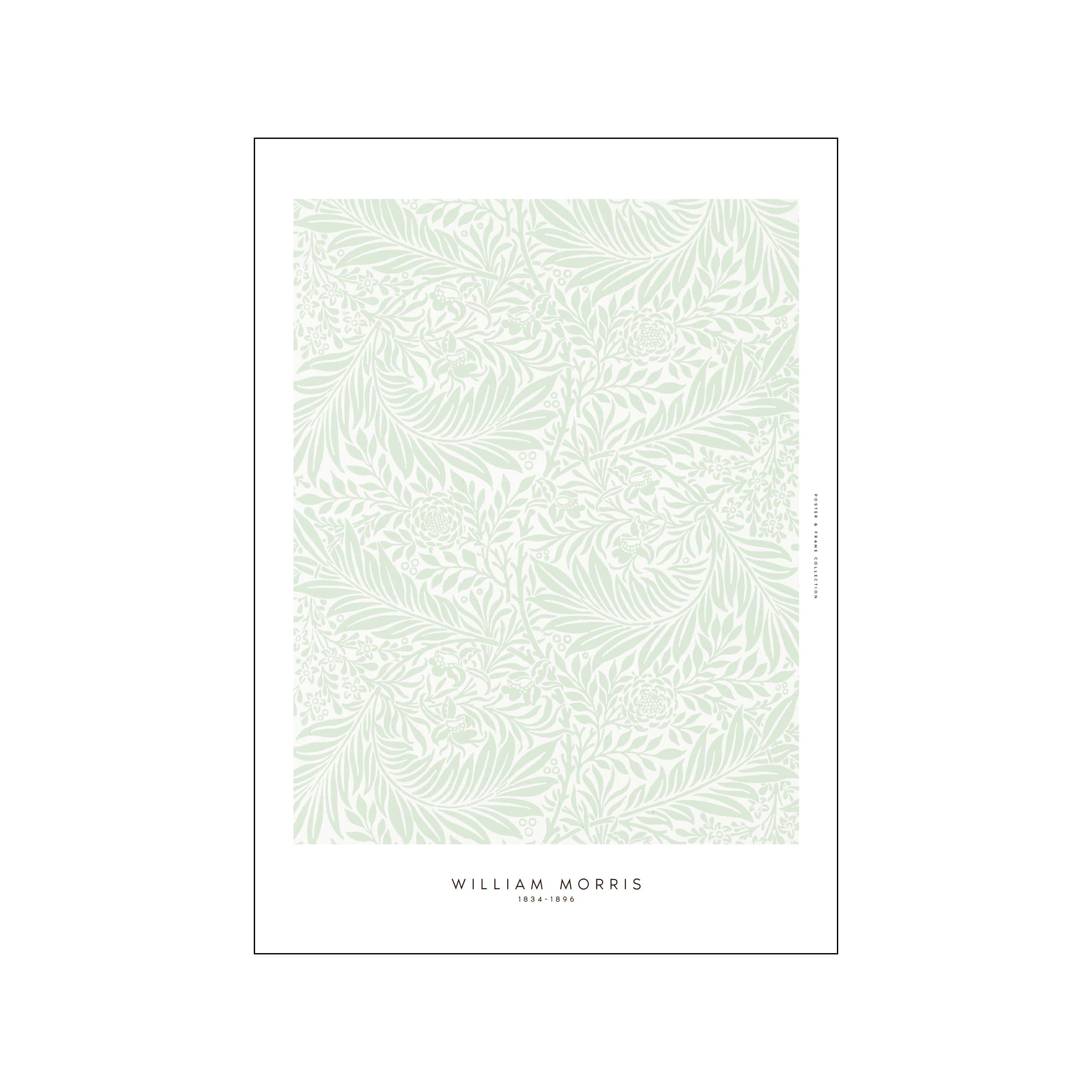 Pale green William Morris botanical pattern print with layered leaves and floral forms