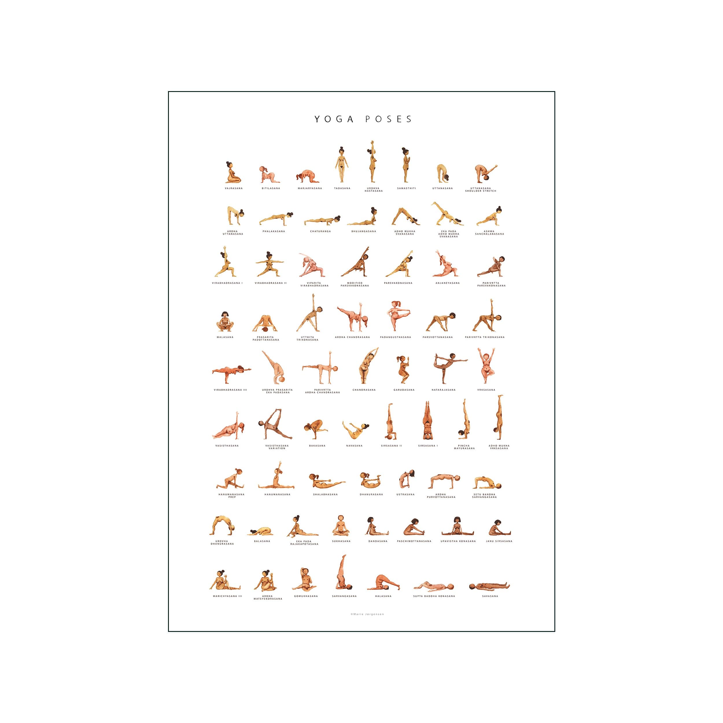 Minimal yoga pose chart with many small illustrated figures on a white background