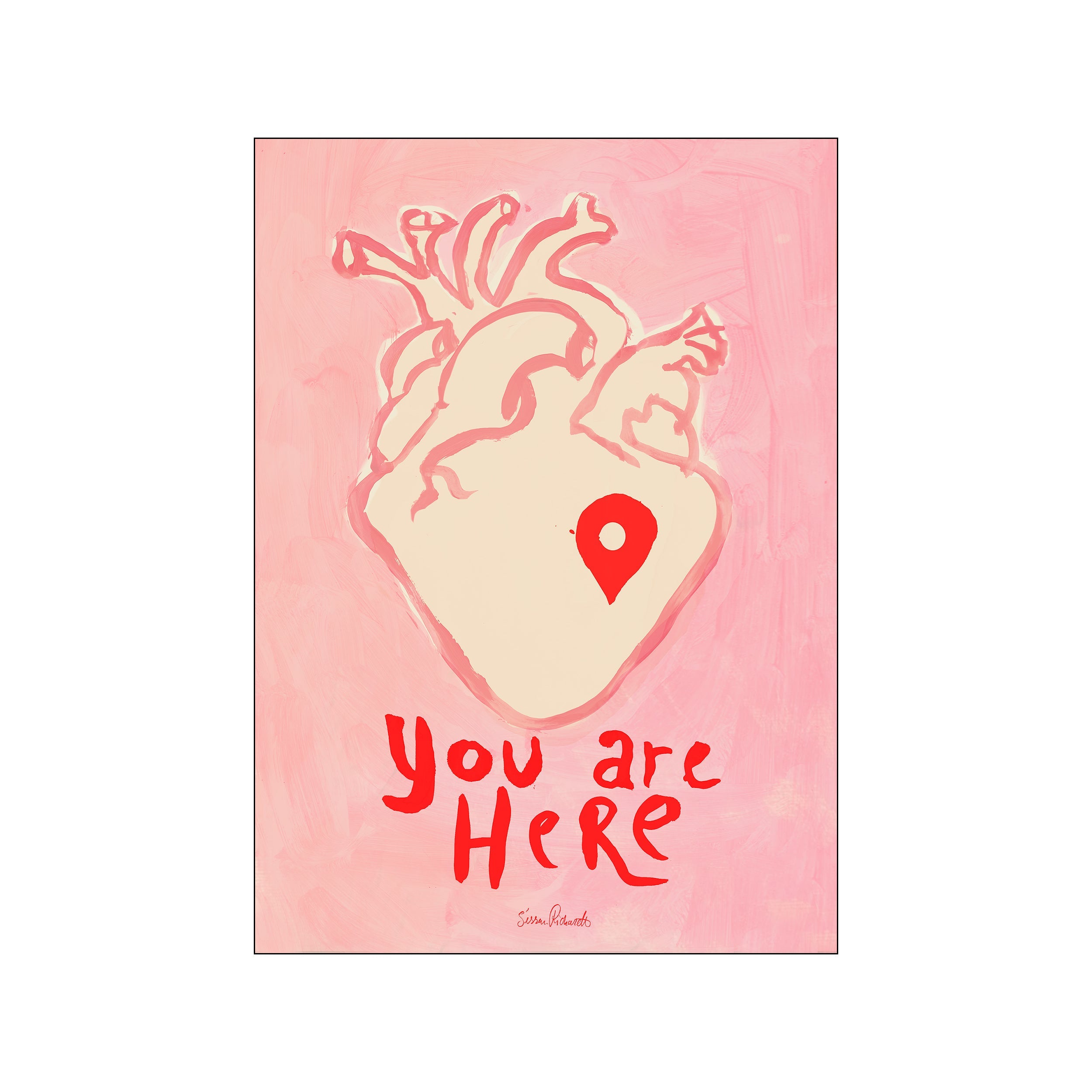 Stylized anatomical heart on a pink background with red You are Here text