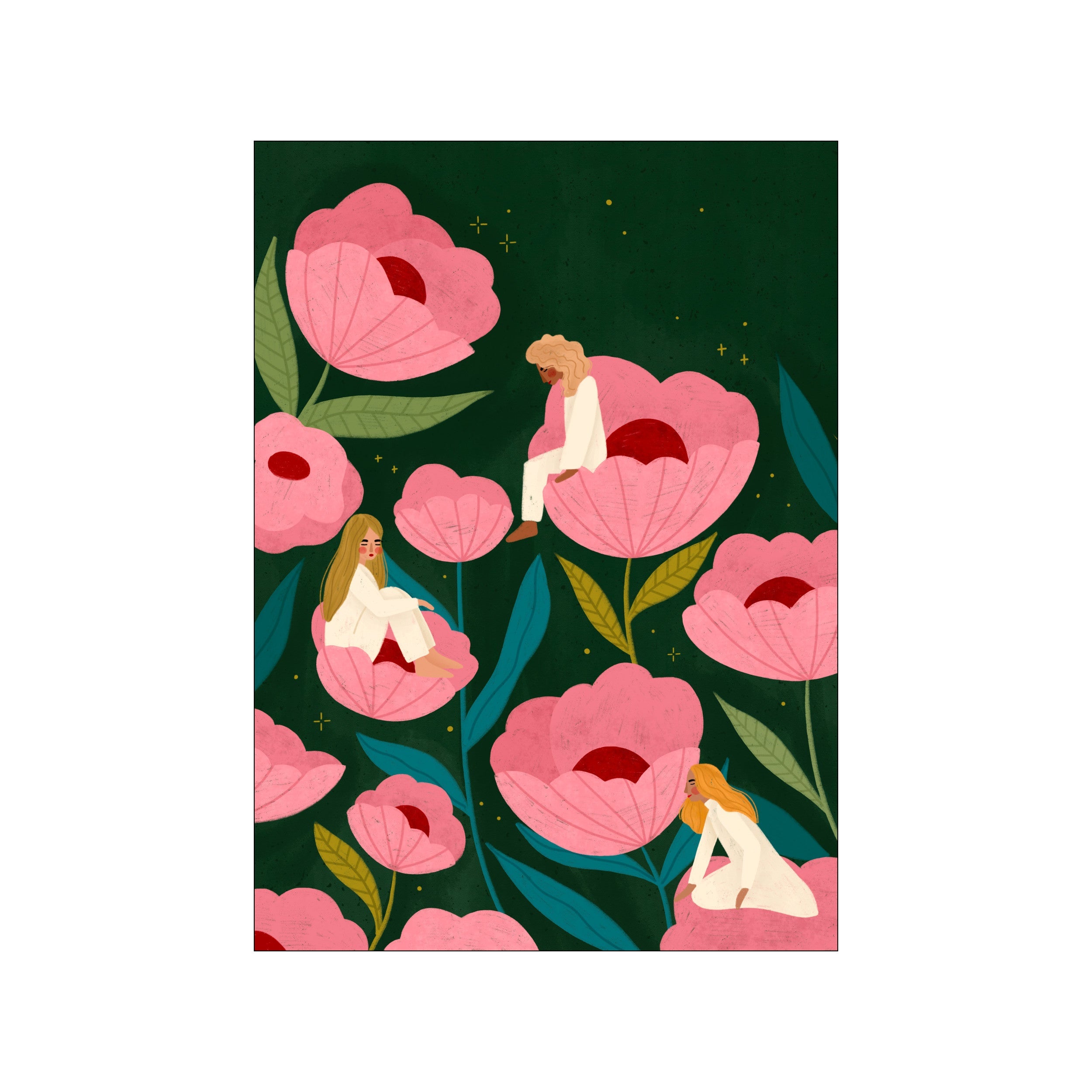 A digital illustration titled Habitat Art Print by Bea Muller, featuring figures nestled within large pink peonies against a dark green textured background with scattered yellow dots and starbursts.