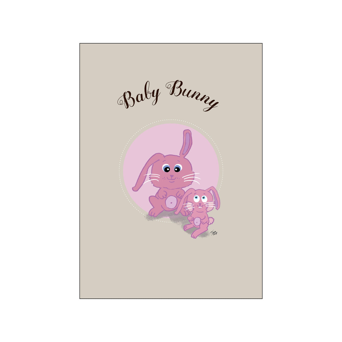 Two adorable cartoon bunnies, one larger and one smaller, rendered in soft pink tones with big, expressive blue eyes. The artwork features a muted taupe background with delicate dotted circular accents and elegant script lettering.