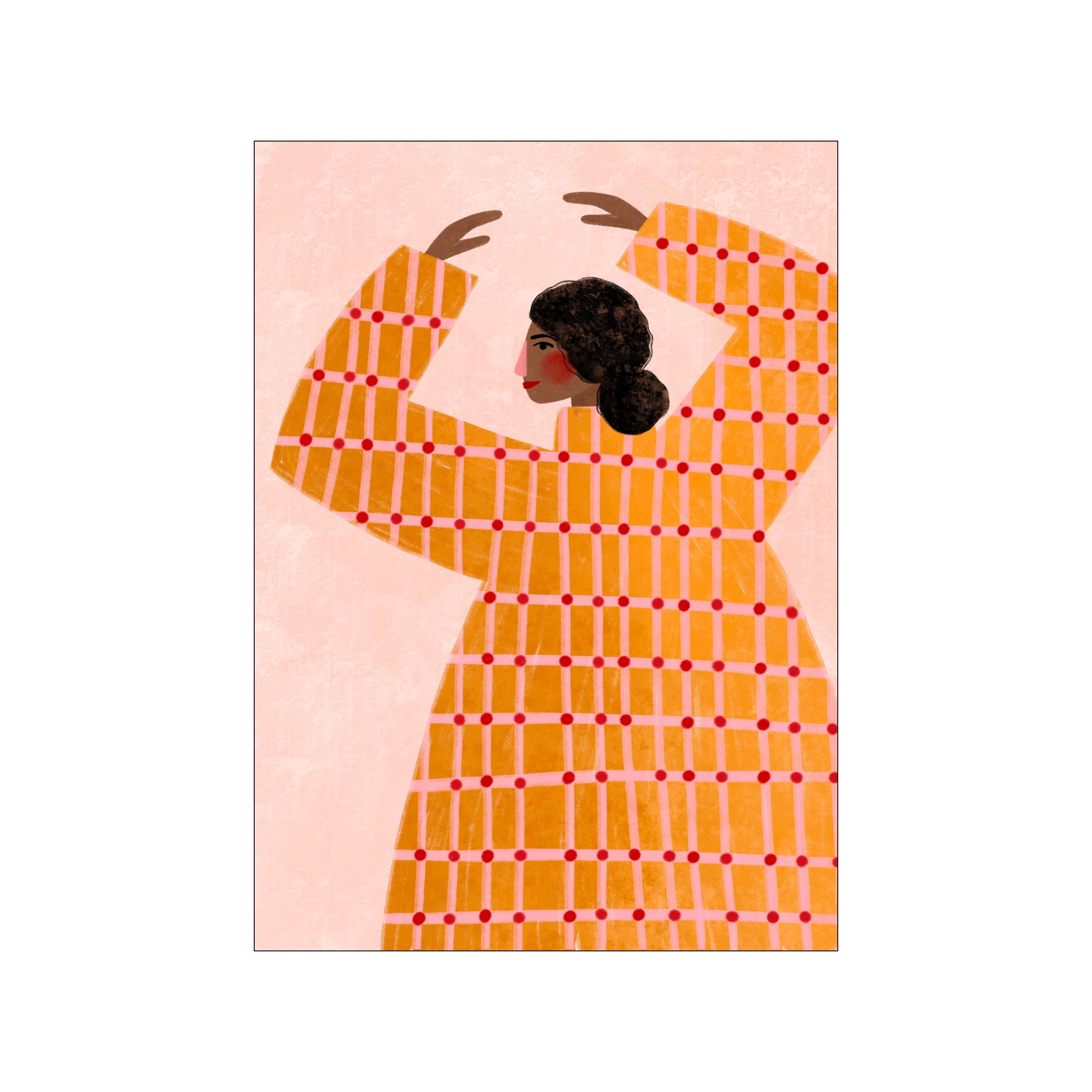 Illustration of a woman with dark hair and rosy cheeks, wearing a vibrant ochre and pink checked dress with red dots, arms raised, against a textured pale pink background.