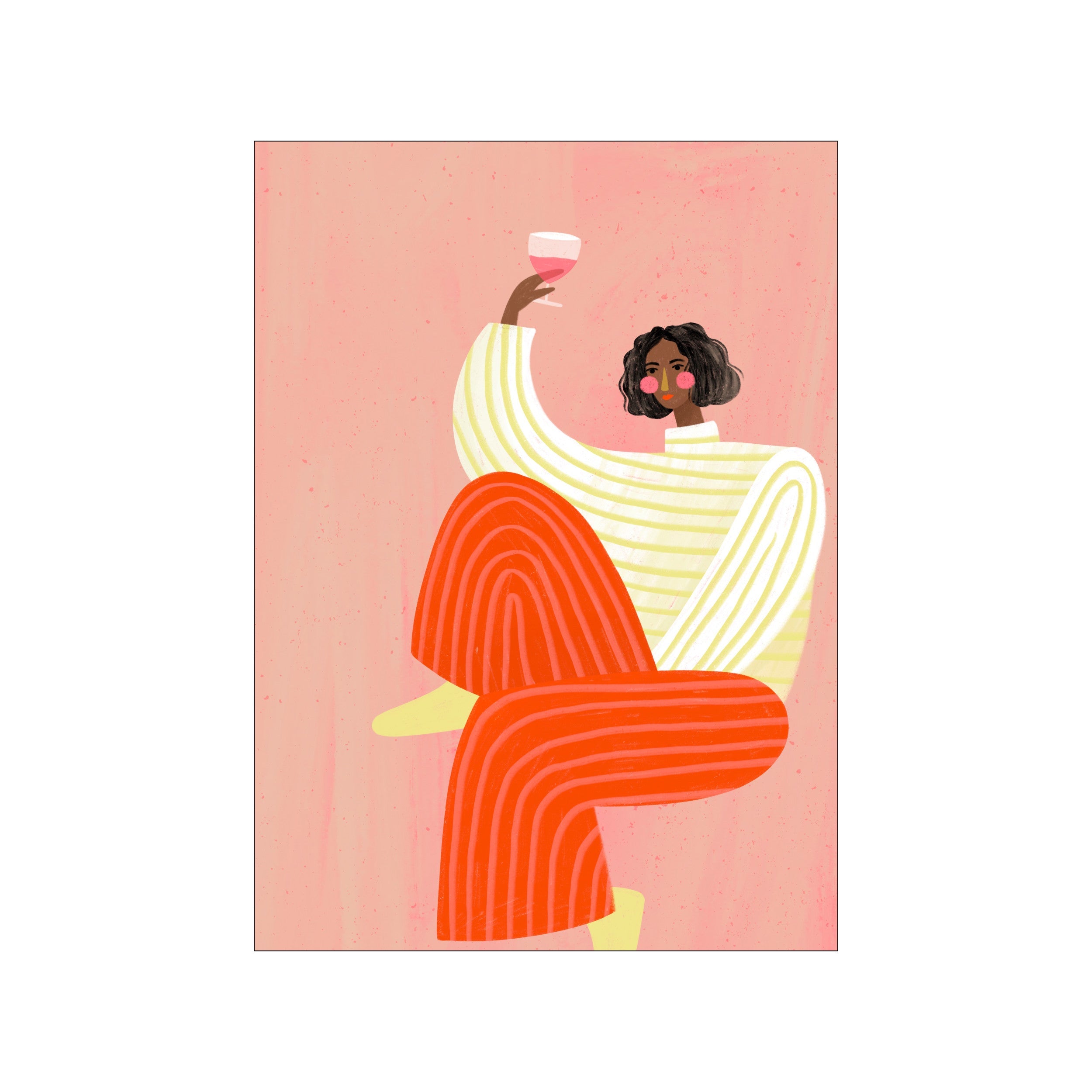 An illustration of a woman with dark curly hair, wearing a yellow and white striped sweater and bright orange striped pants, holding a glass of pink wine against a textured blush background.