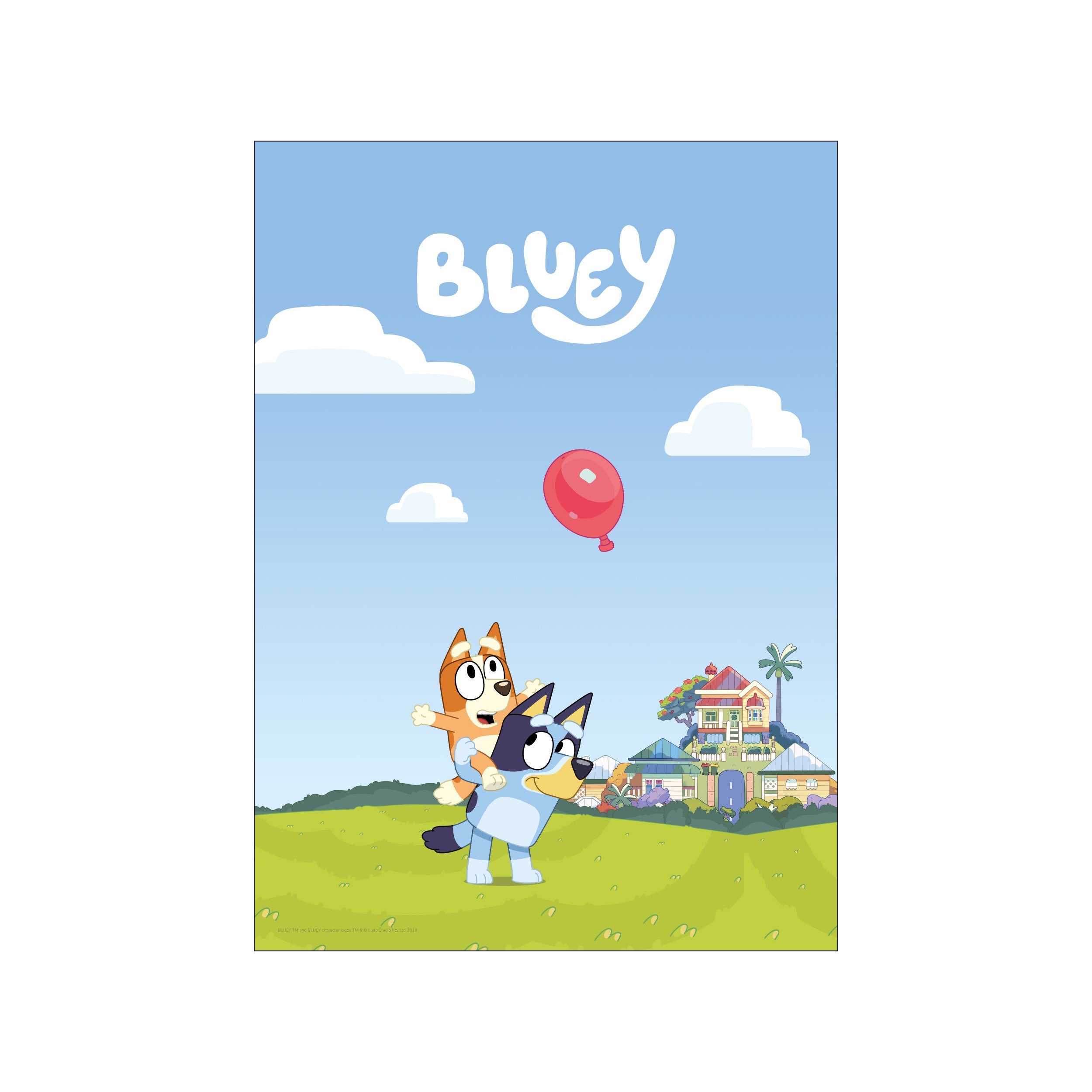 Two cartoon dogs, one blue and one orange, play in a green field under a blue sky with white clouds. A red balloon floats above them, with whimsical houses in the background.