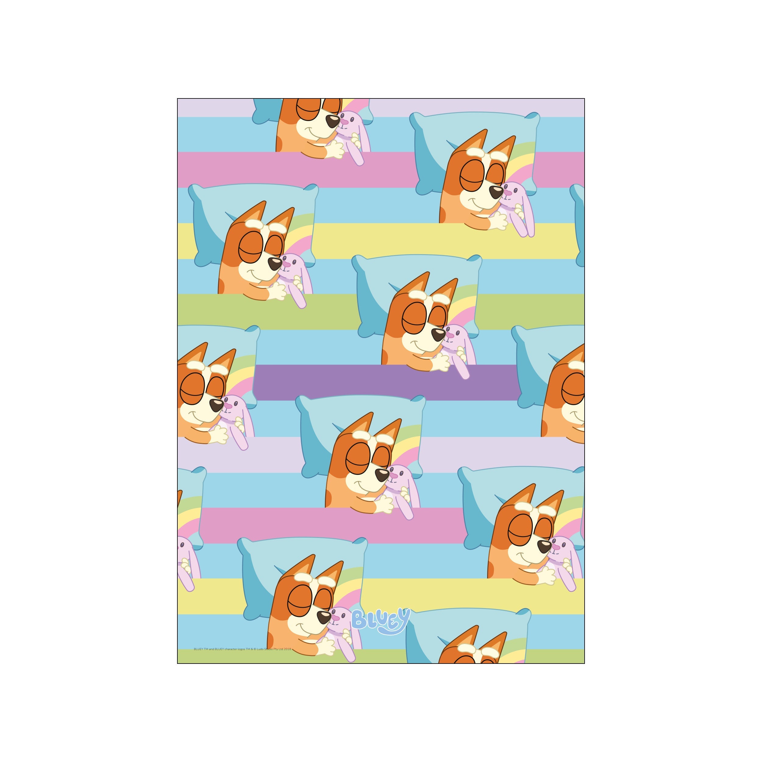 A repeating pattern of Bluey characters sleeping peacefully on pillows, nestled against soft pastel stripes of blue, pink, yellow, and green, holding their purple bunny toys.