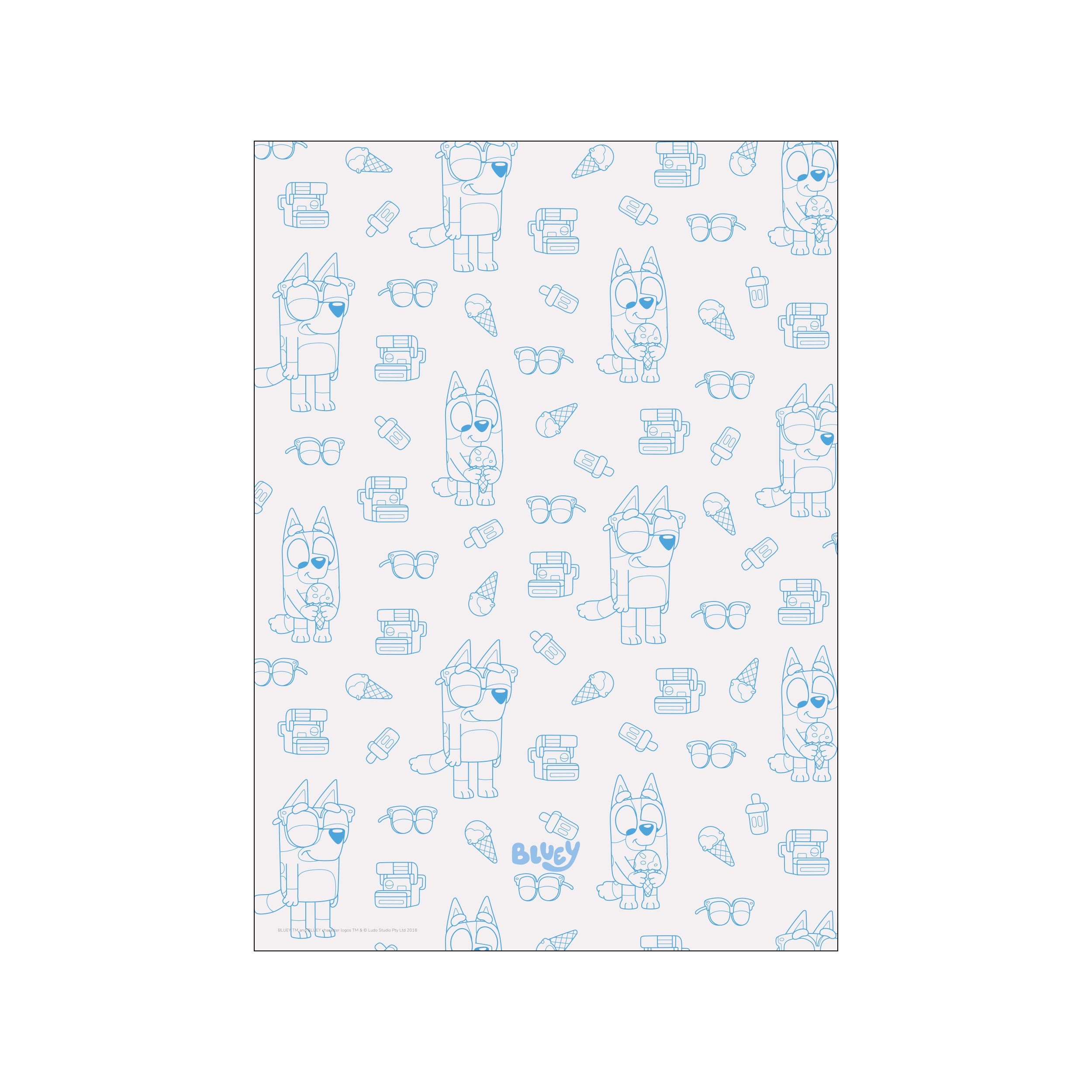 A charming pattern featuring blue outlines of cartoon dogs, ice cream cones, sunglasses, and instant cameras on a light grey background, evoking a sense of fun and childhood joy.