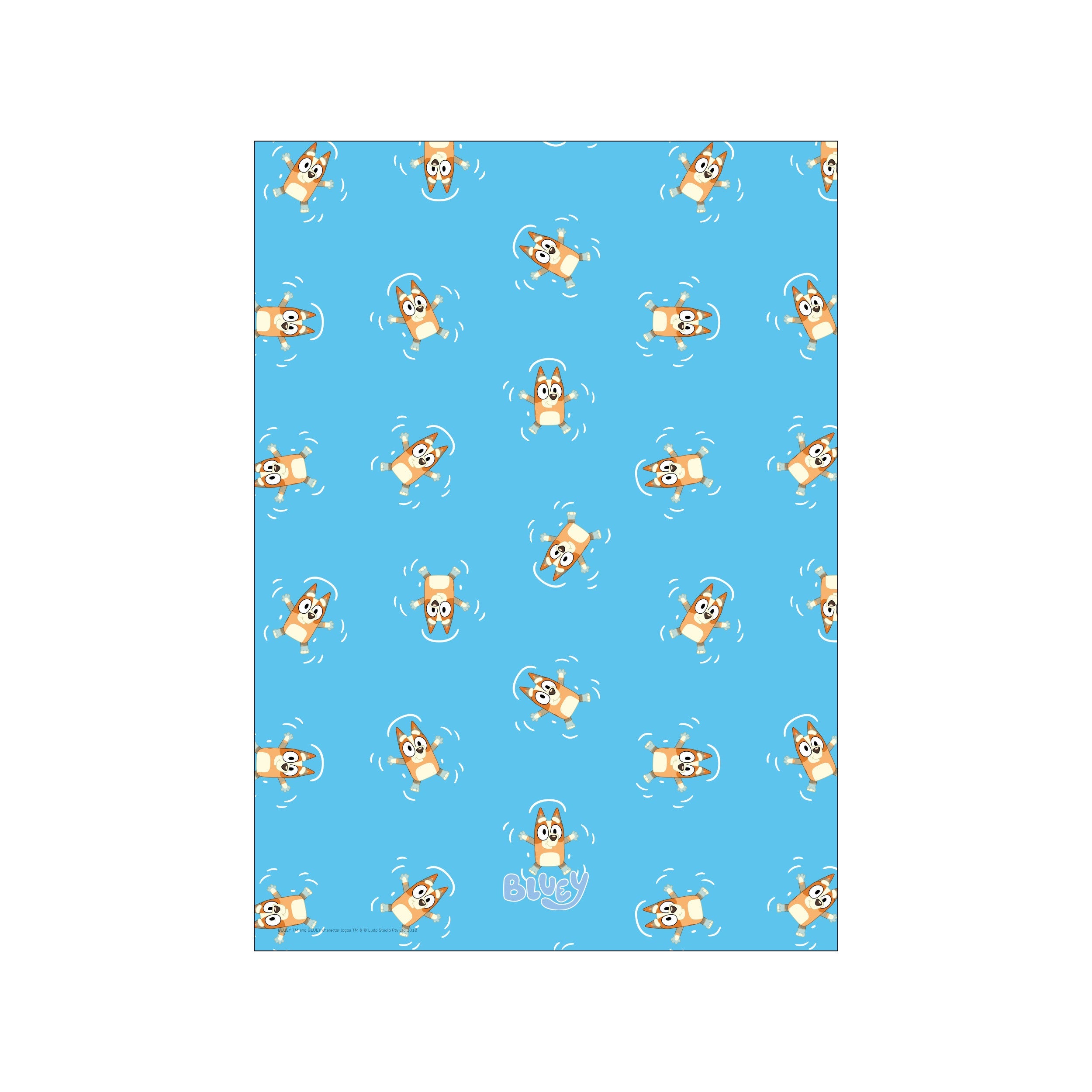A delightful repeating pattern of the Bluey characters, Bingo and Bluey, joyfully floating on their backs in a bright blue pool, surrounded by subtle water ripples.