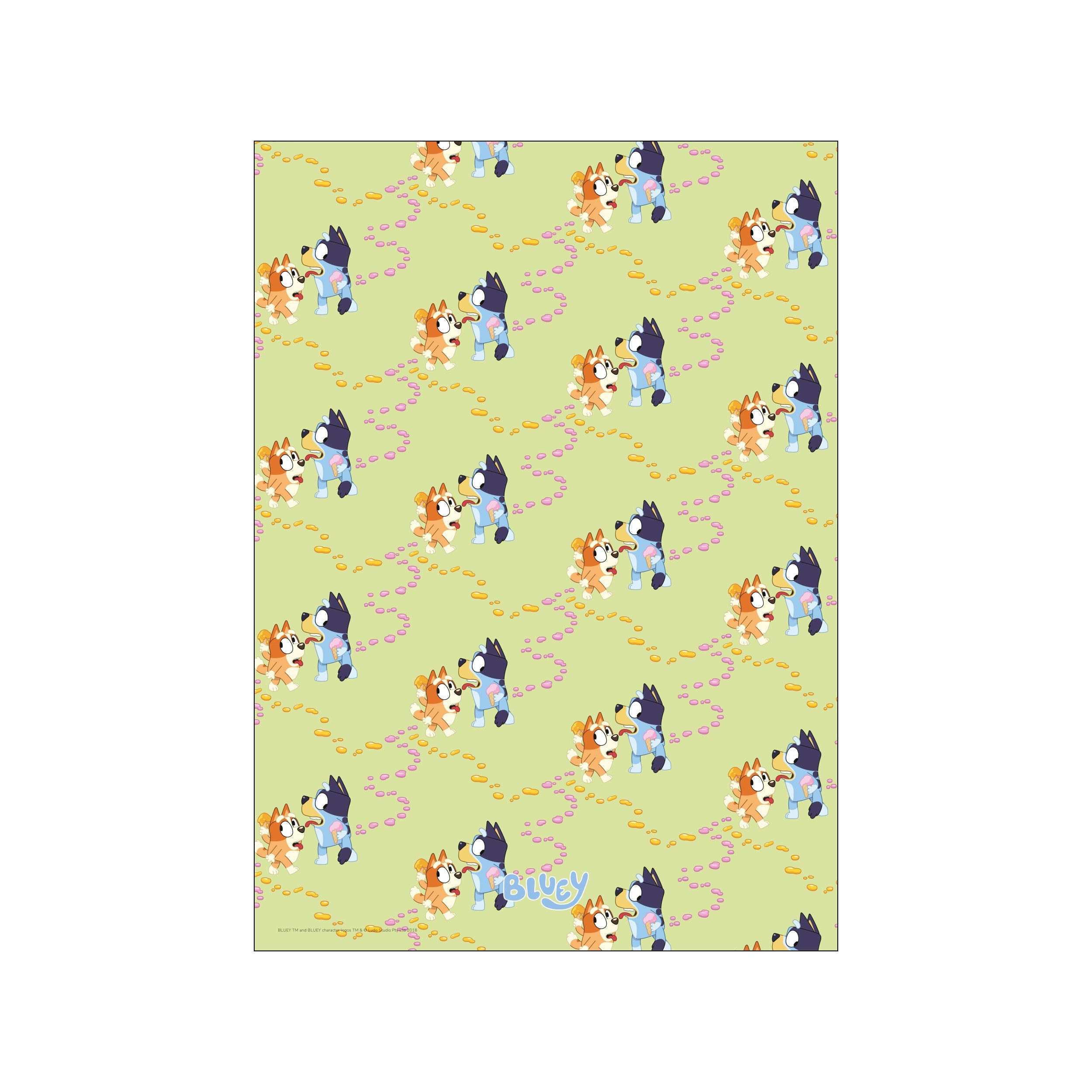 Bluey and Bingo characters playfully chasing each other with melting ice cream cones against a pastel green background, scattered with yellow and pink drops. The artwork has a lighthearted and sweet vibe.