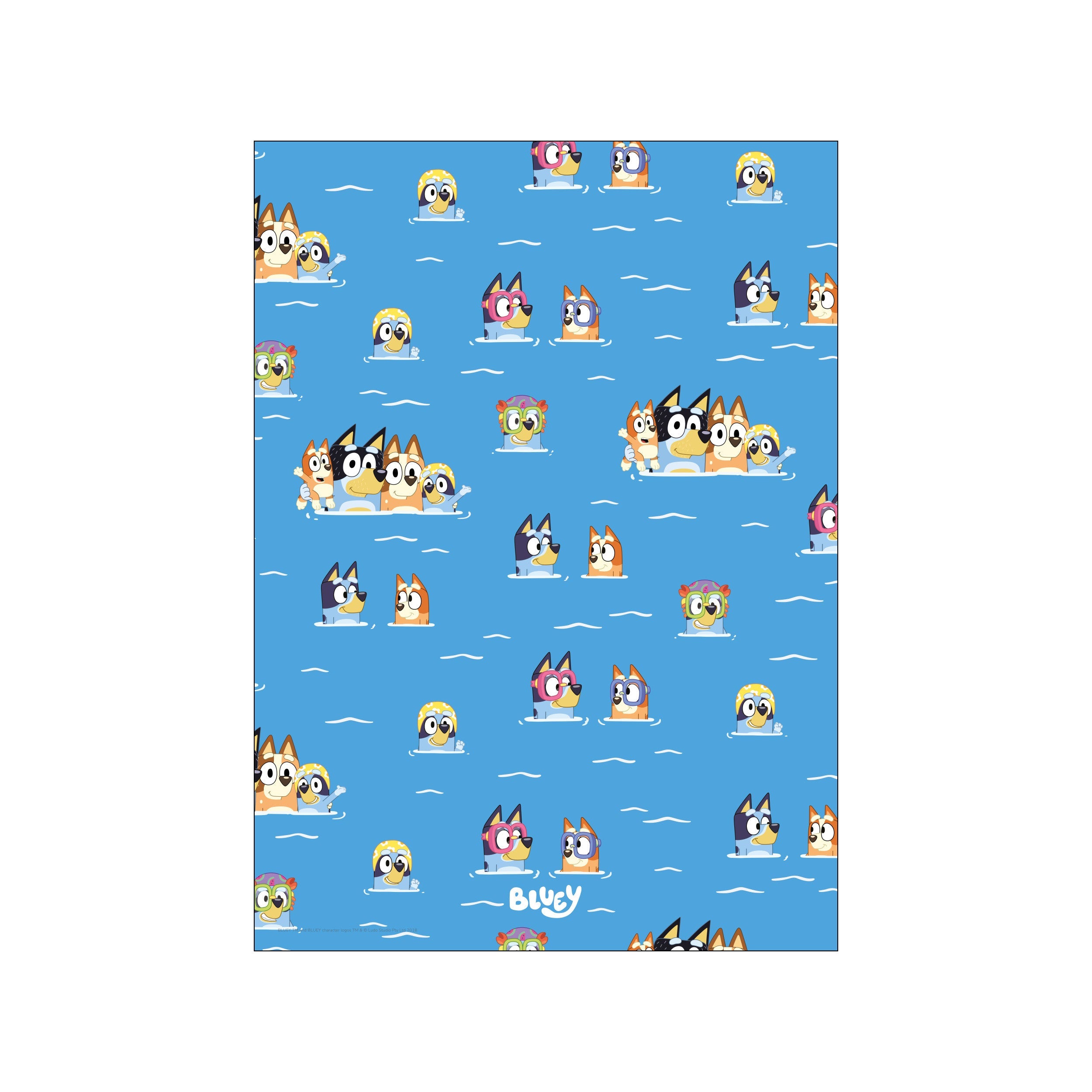 A charming illustration featuring various characters from Bluey playfully swimming and peeking out of a bright blue pool, with stylized white waves, creating a cheerful and whimsical atmosphere.