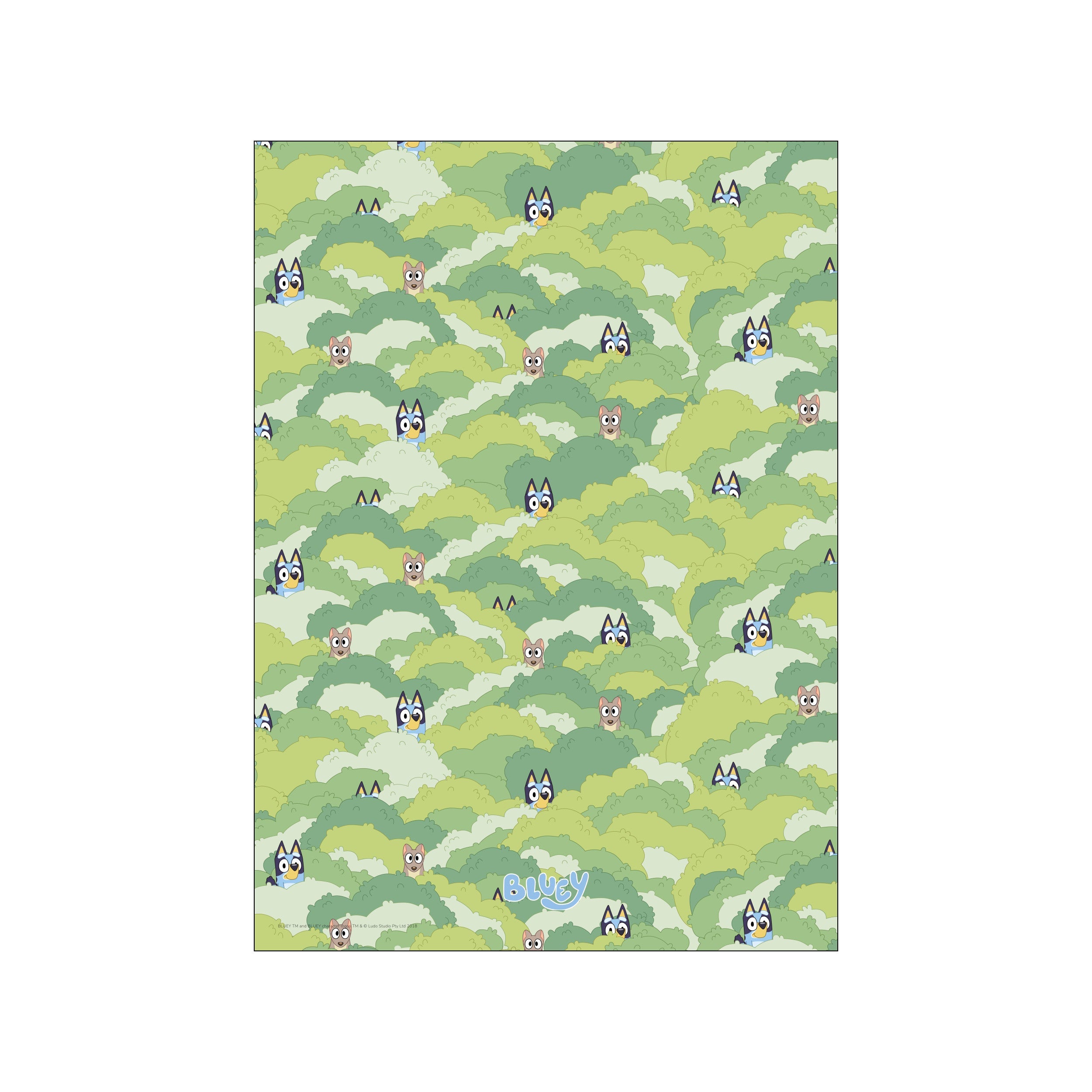 Characters from Bluey playfully hiding in layers of soft green foliage, creating a whimsical and serene jungle hideaway scene with a gentle color palette.