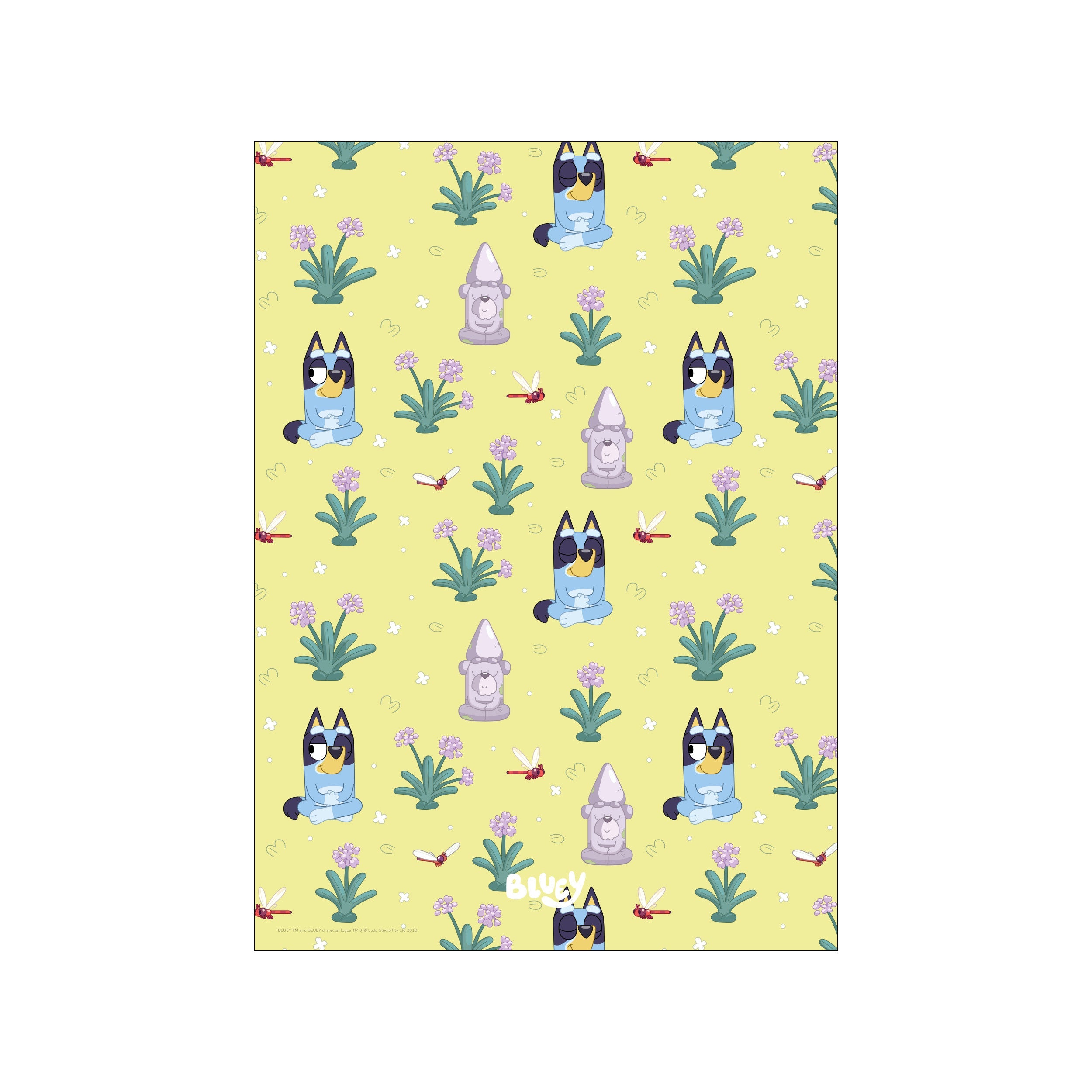 A cheerful and calming art piece with a repeating pattern of Bluey characters meditating amidst lavender flowers and red dragonflies on a soft yellow background.