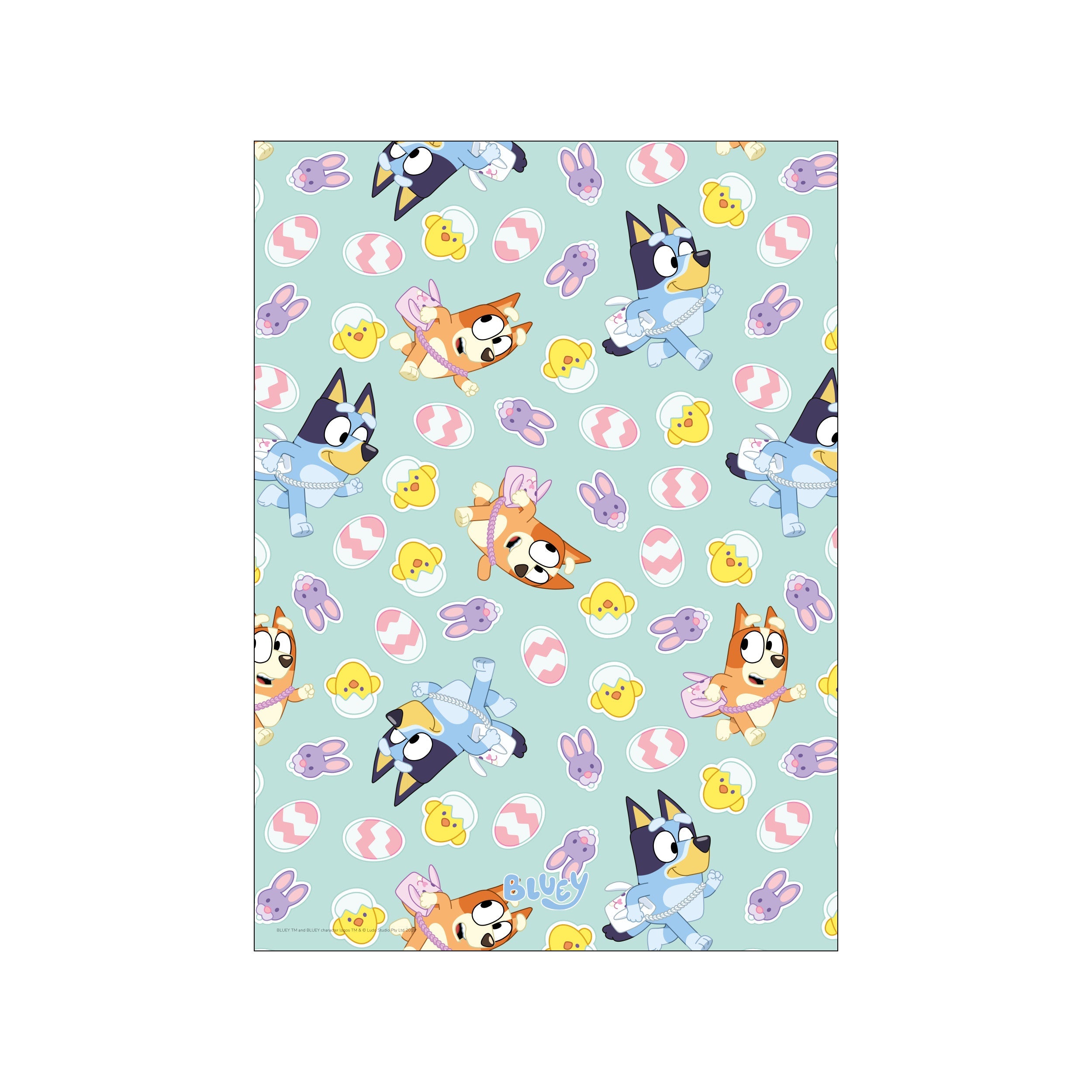 A charming and playful pattern featuring characters from Bluey, Easter eggs, and little chicks scattered across a soft mint green background, evoking a cheerful and whimsical mood.