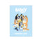 The Heeler family from Bluey huddle together on a soft blue background, smiling and embracing. The text "FOR real LIFE." appears below them in white.