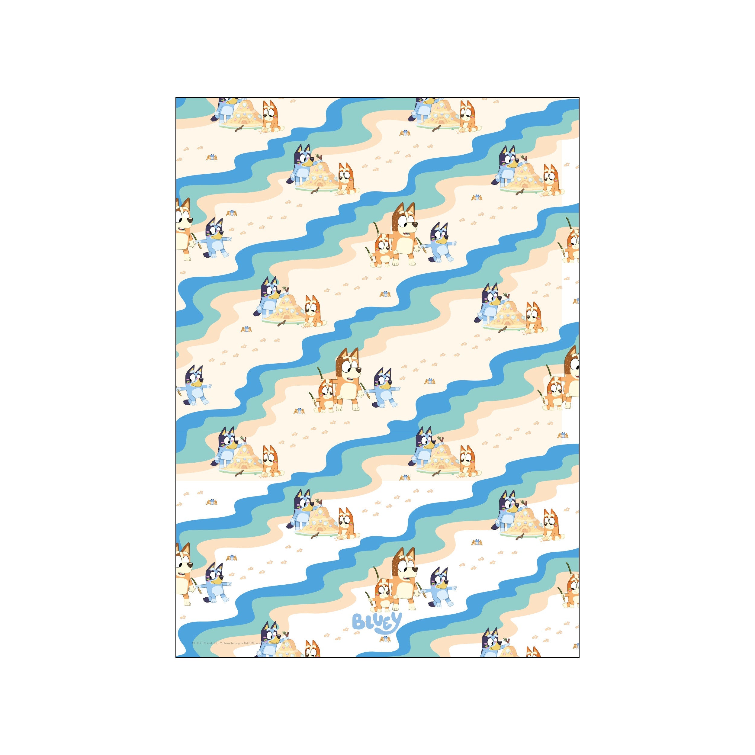 A whimsical scene of Bluey characters building sandcastles and playing on a beach. The artwork features wavy lines of ocean blue, sandy beige, and light peach, creating a cheerful and nostalgic atmosphere.