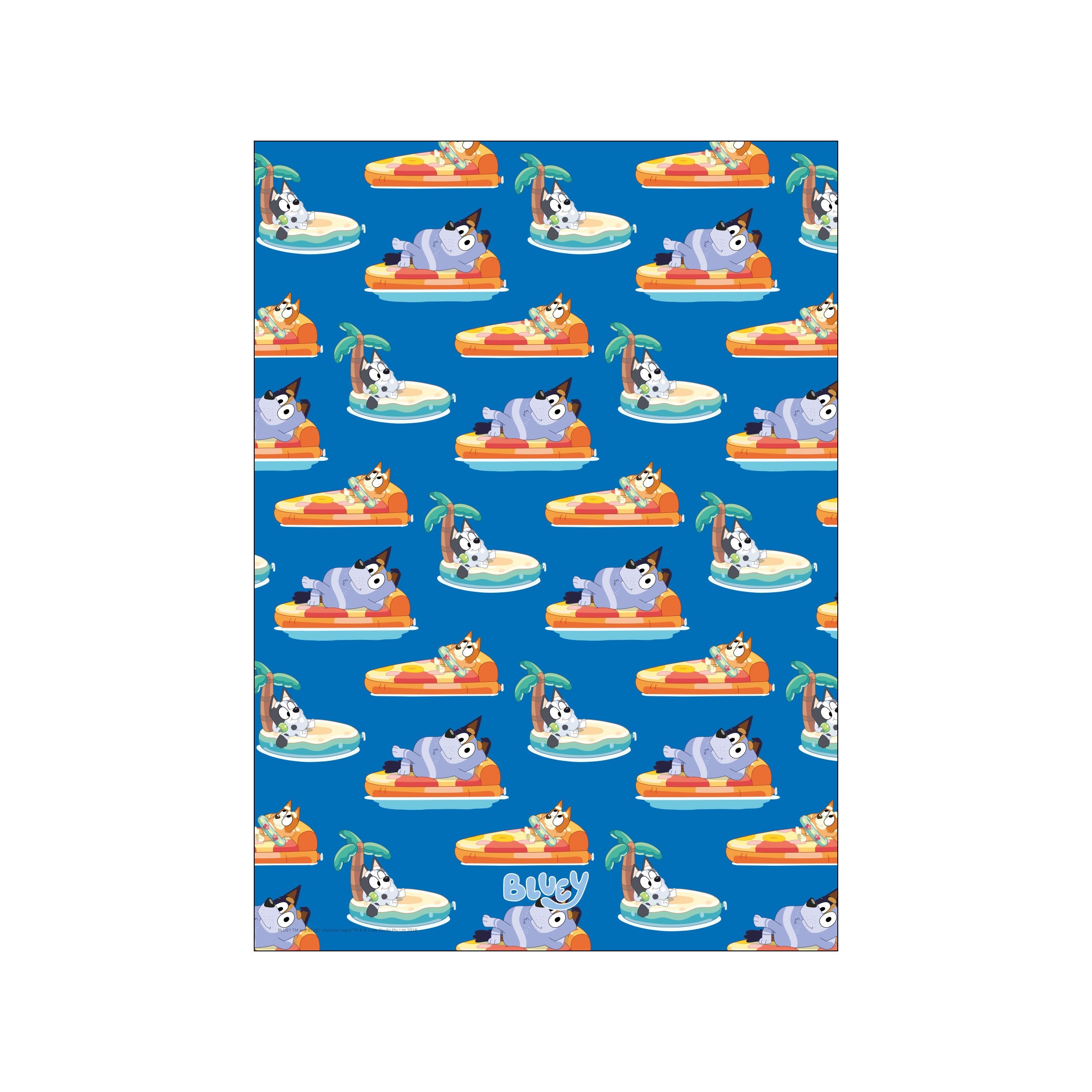 A whimsical repeating pattern of cartoon dogs relaxing on inflatable islands, featuring vibrant blues, oranges, and yellows, evoking a fun and carefree summer vibe for any room.