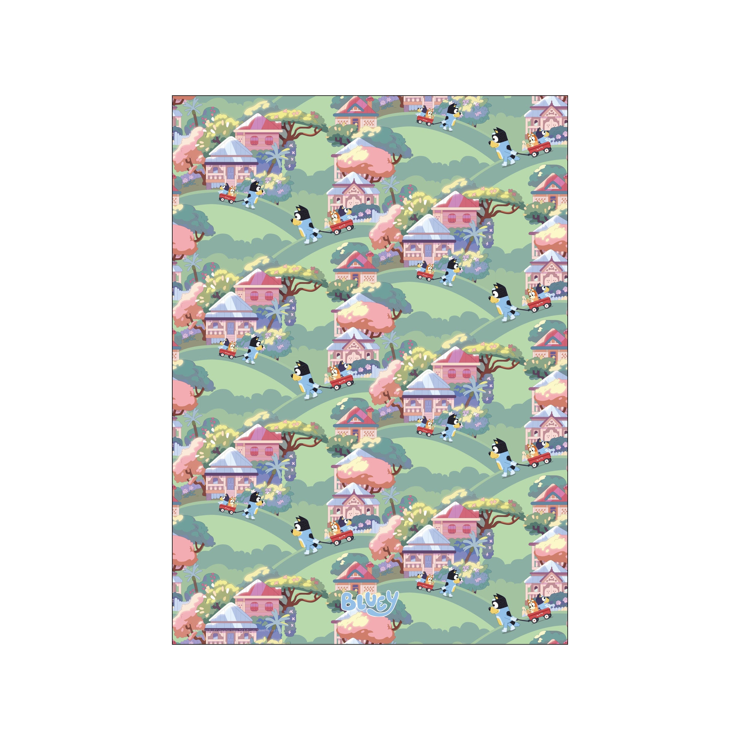 A charming, repeating pattern artwork depicting a cheerful scene of cartoon dogs pulling a red wagon past pastel-colored houses and trees on gently sloping green hills.