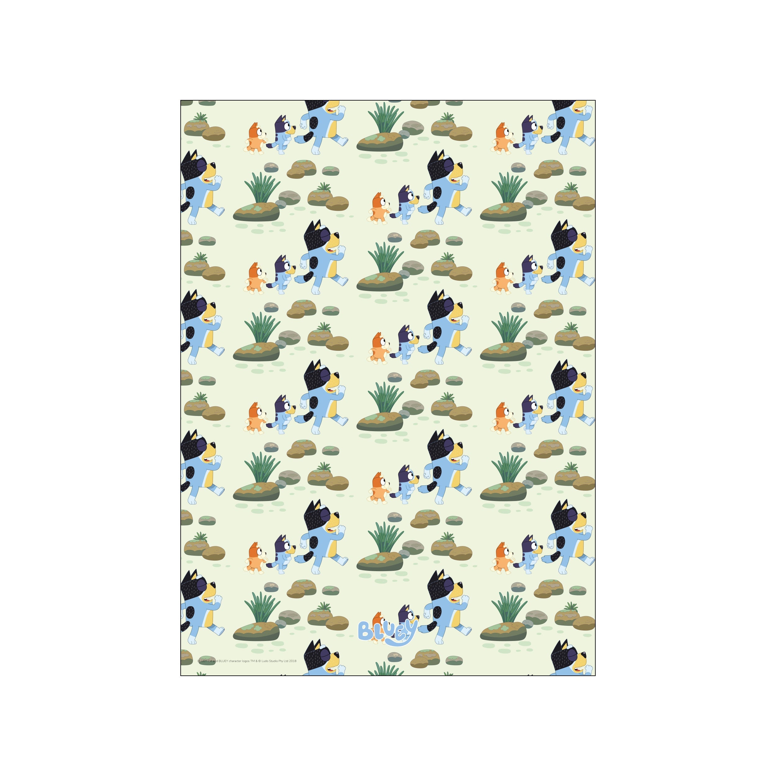 A repeating pattern art print featuring the characters from Bluey running through a landscape of rocks and green grass, rendered in soft, lighthearted colors.