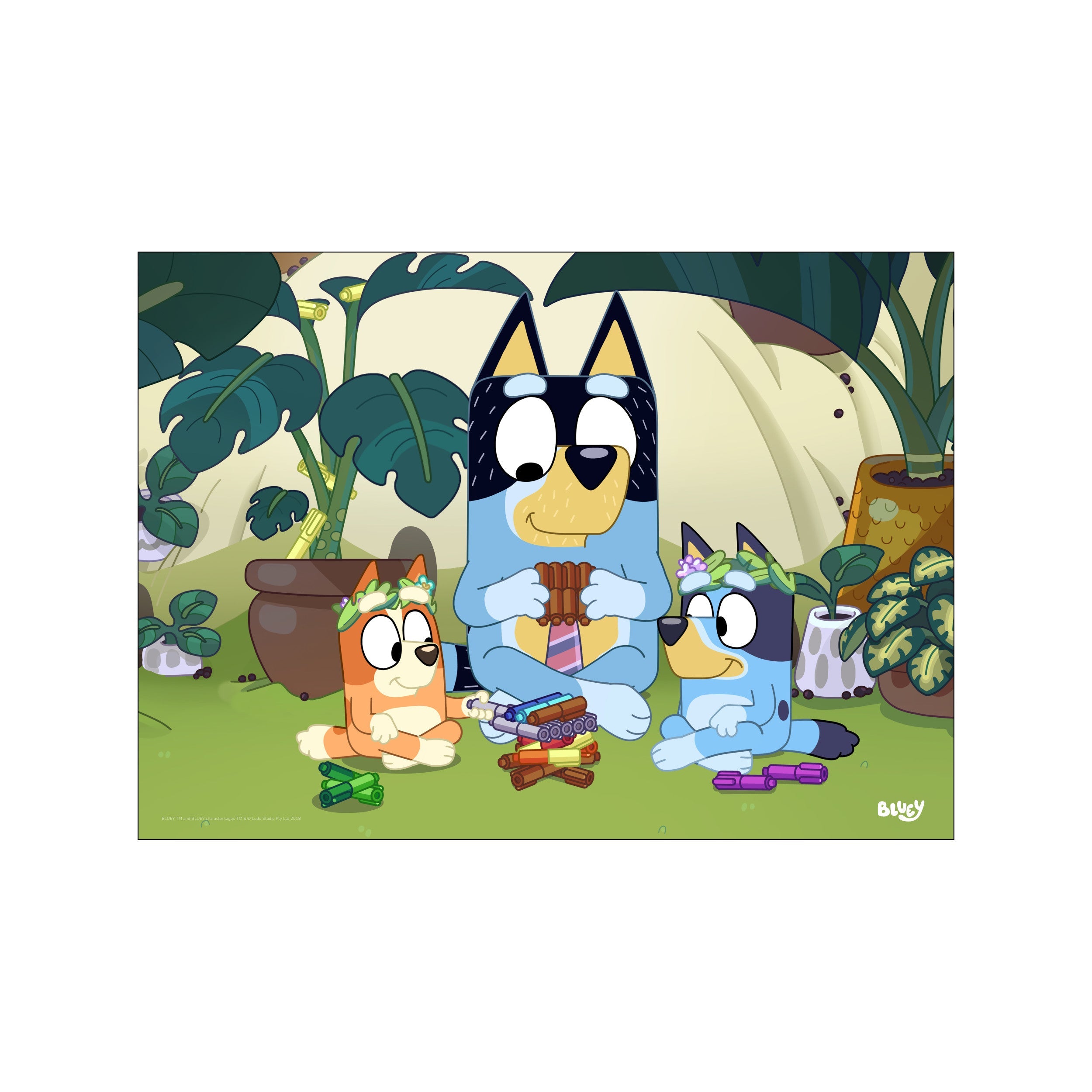 An illustration of the Bluey characters, Dad and two children, sitting on the grass with flower crowns, surrounded by lush green plants. Dad plays a flute while the children arrange colorful sticks.