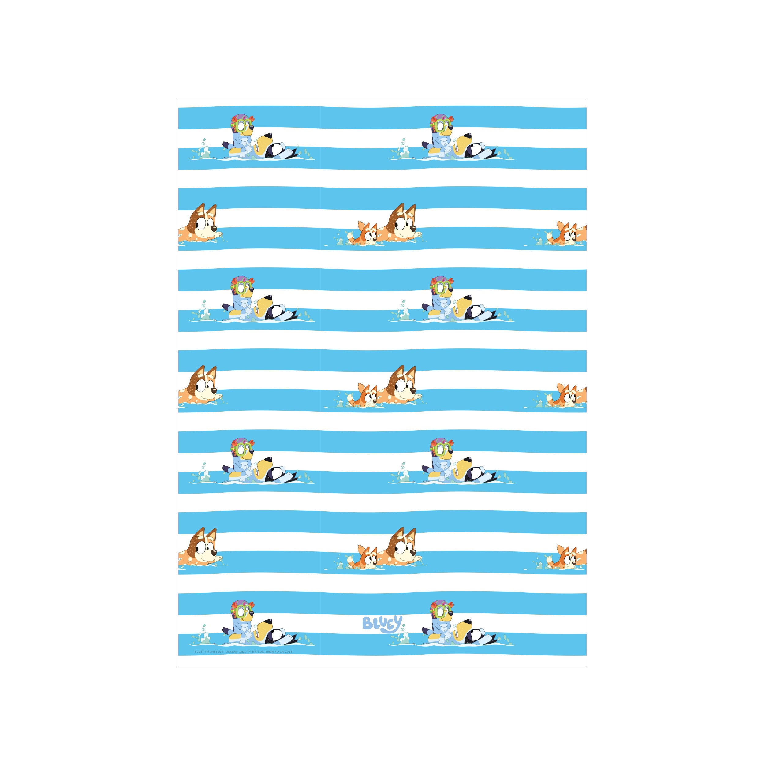 A whimsical repeating pattern of Bluey characters joyfully swimming in blue and white striped water. The artwork radiates a cheerful and lighthearted seaside atmosphere, perfect for coastal or bohemian decor.