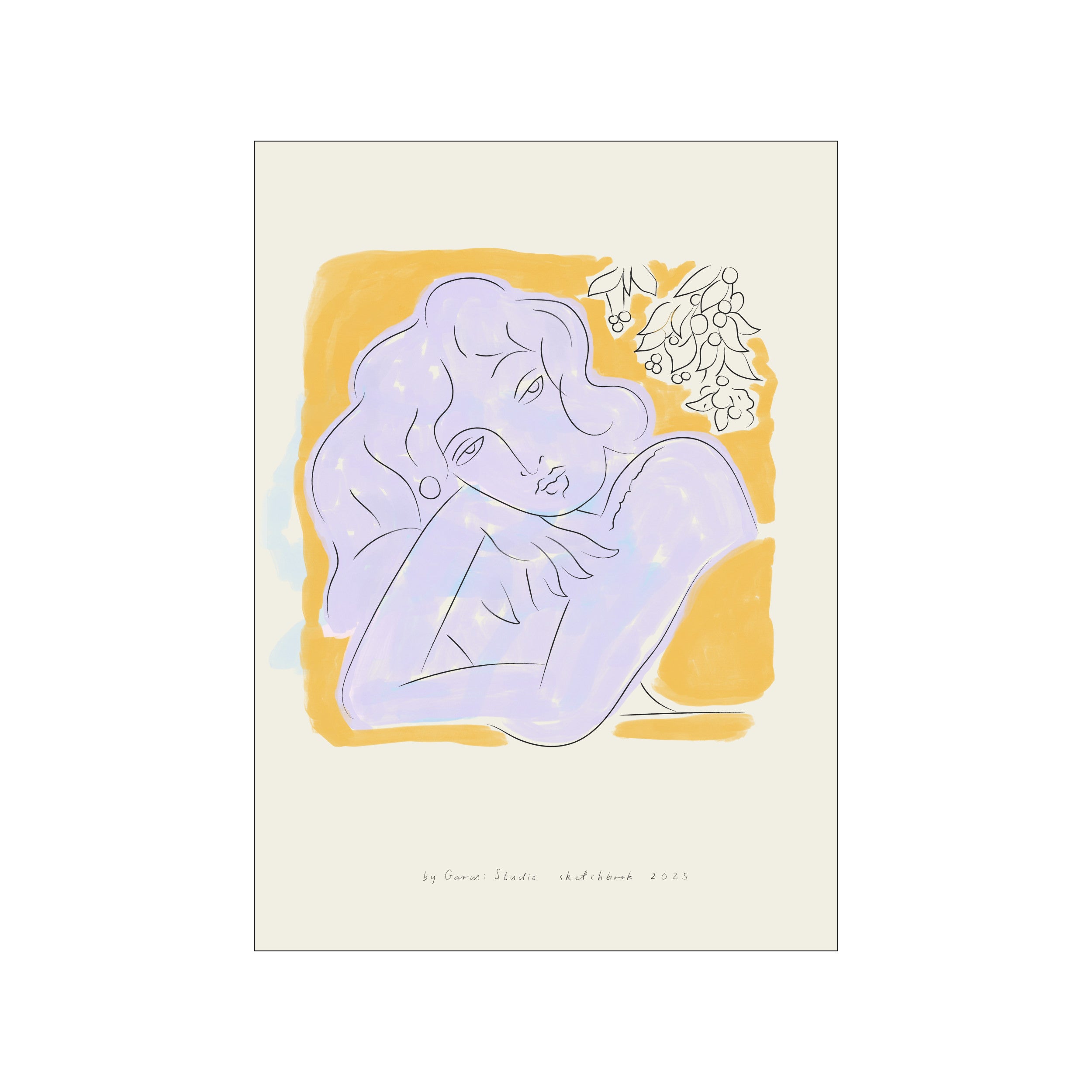 A tranquil figure in soft lavender and outline is depicted reclining against a warm ochre background, with delicate line-drawn foliage above, conveying a peaceful and artistic mood.